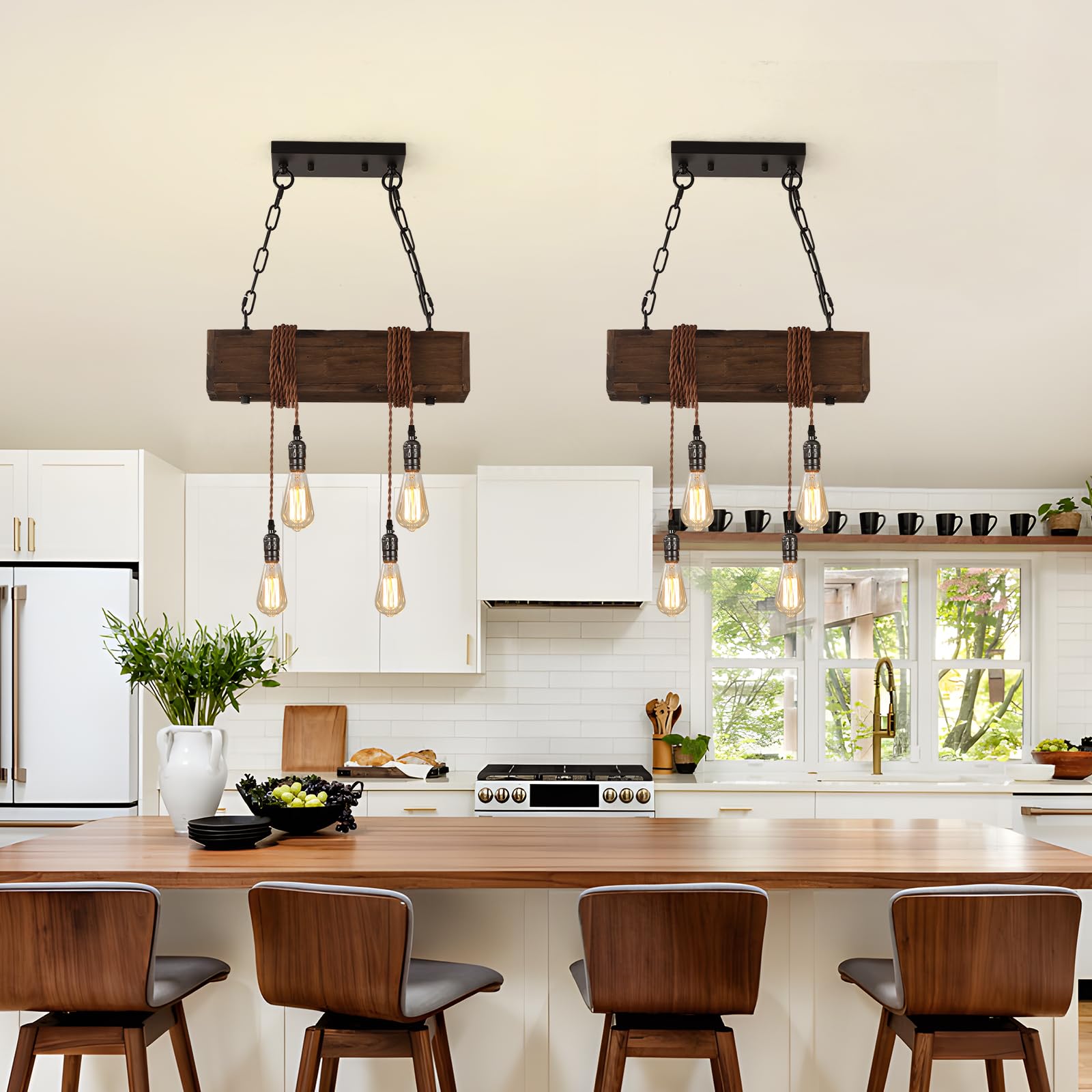 KEESFU 4-Lights Farmhouse Pendant Lighting for Kitchen Island - Adjustable Rustic Wood Ceiling Hanging Light - Dining Room Chandelier for Kitchen, Bar, Pool Table & Cabin - Perfect for Farmhouse, Rustic & Industrial Decor