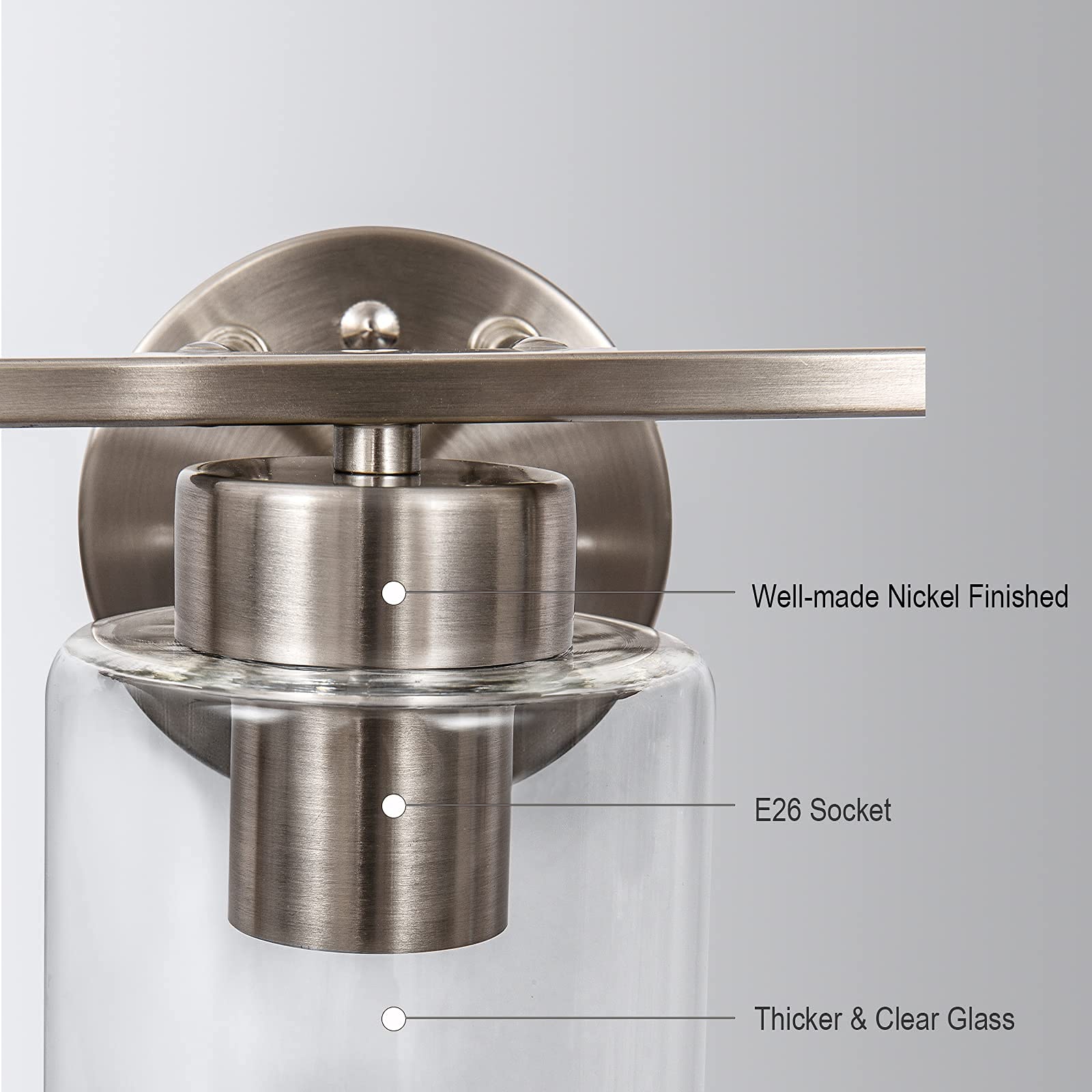Modern 2-Light Bathroom Vanity Wall Sconce - Brushed Nickel Finish with Glass Shade - Perfect for Bathroom Mirror Lighting, Kitchen, Living Room & Bedroom Décor - Energy Efficient & Stylish Home Lighting Solution