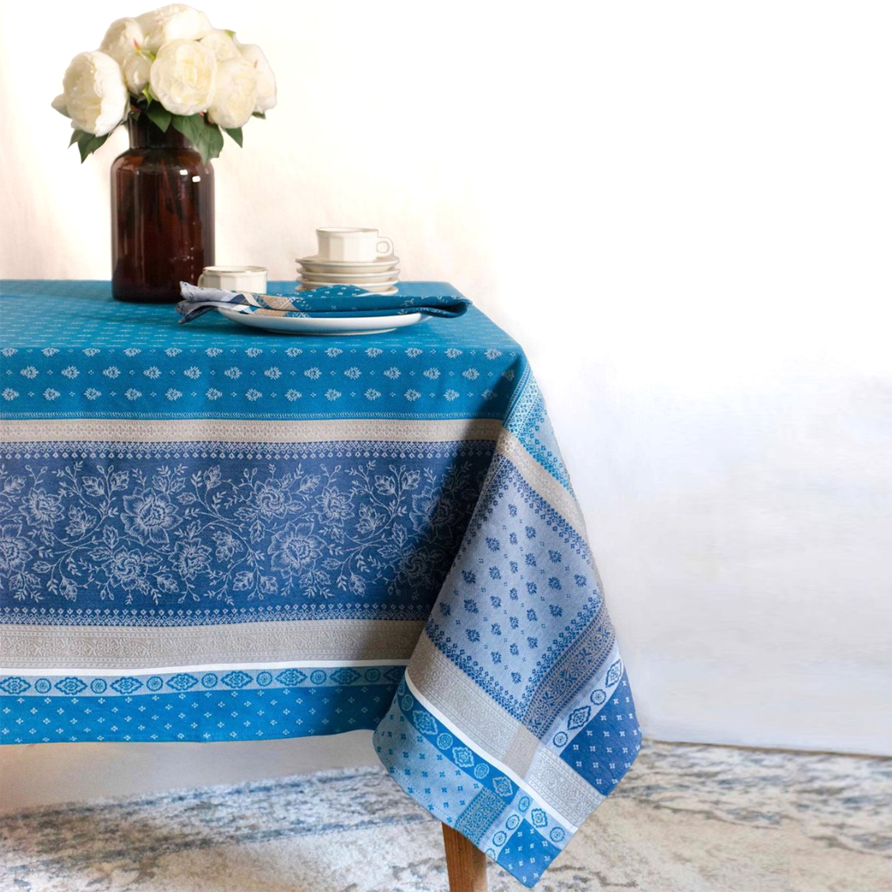 62x98 Inch Rectangular Massilia Azure French Cotton Jacquard Tablecloth - Premium Dining Table Cover for Formal Dinners & Special Occasions