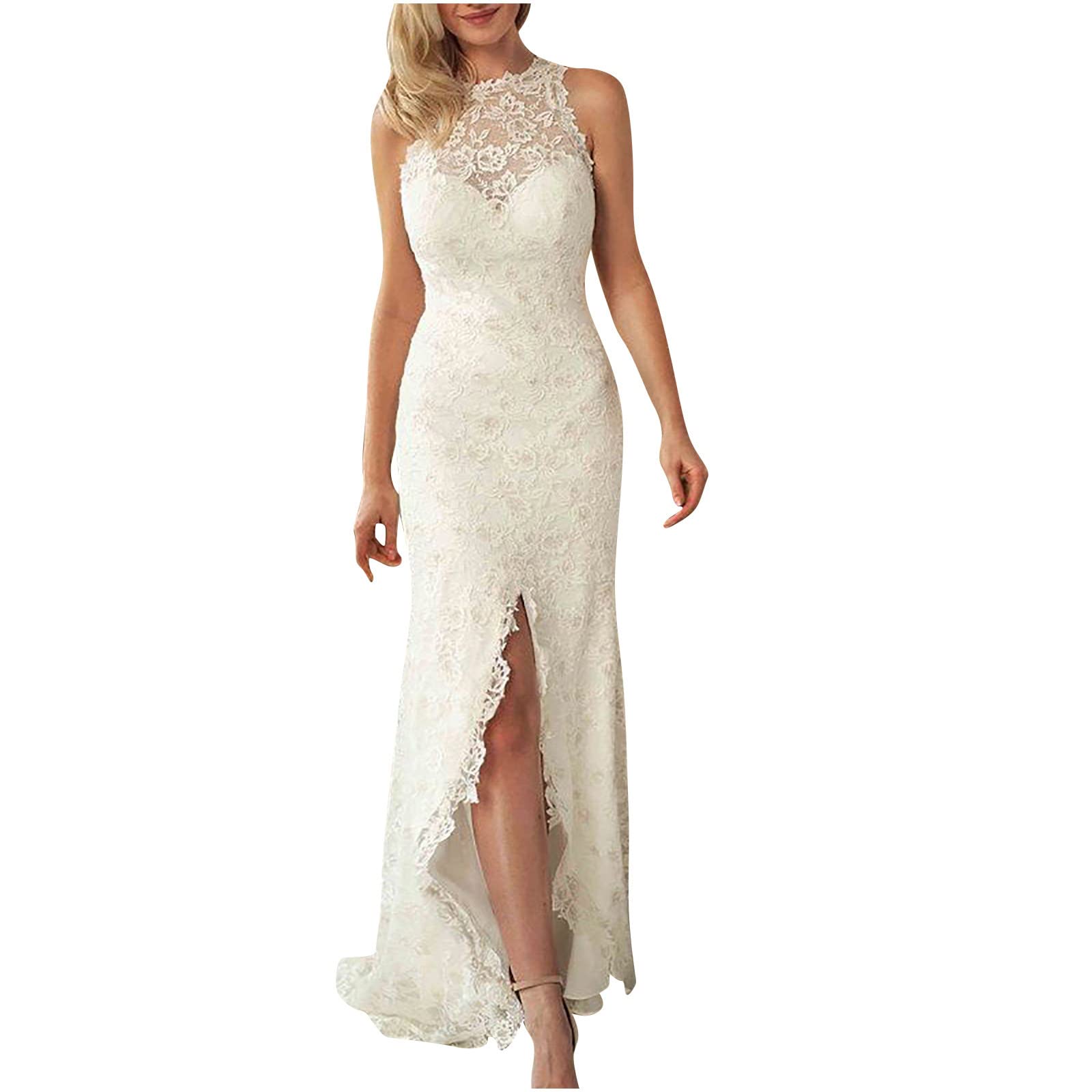 Elegant White Wedding Guest Dress for Women - Sexy Sleeveless Summer Halter Maxi Dress with Lace Stitching & High Slit | Perfect for Beach Weddings, Garden Parties & Formal Events