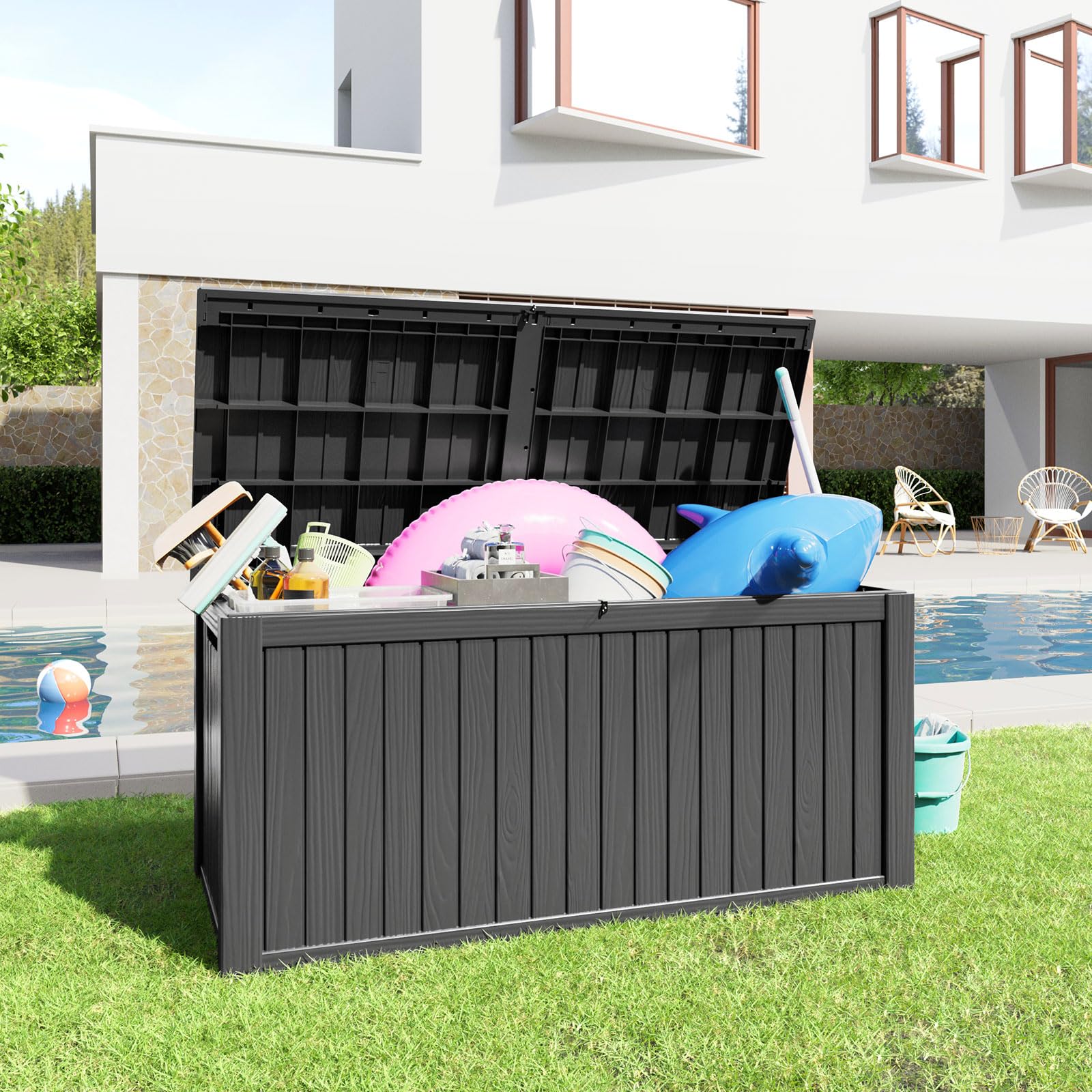 180 Gallon Large Resin Deck Box - Outdoor Lockable Storage Container with Dividers for Patio Cushions, Pool Supplies & Garden Tools | Weatherproof & UV Resistant Black | Perfect for Backyard, Poolside & Garden Organization