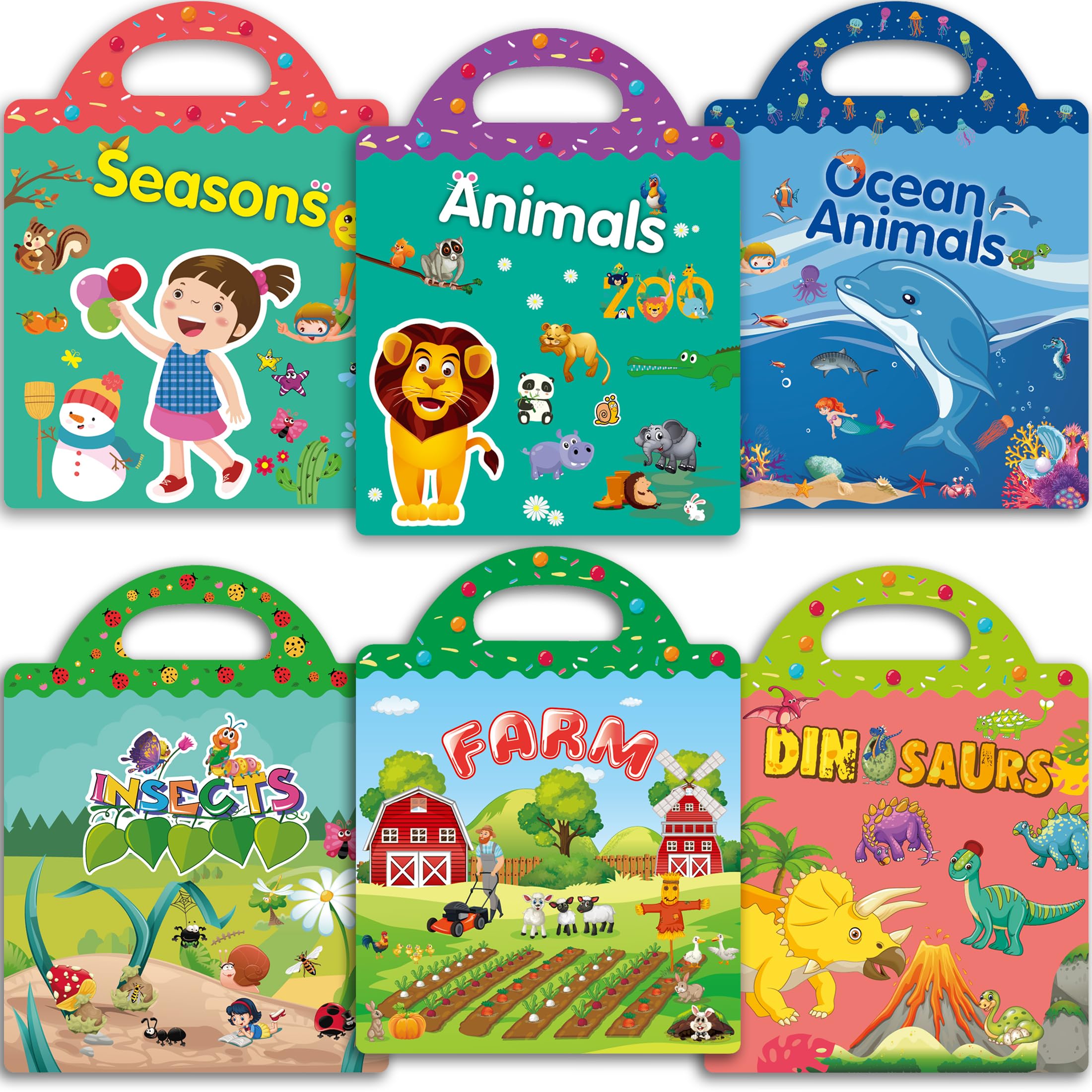 6 Sets Reusable Puffy Sticker Book for Kids Ages 1-8 - 200+ Restickable Stickers for Toddler Activities, Travel Toys for Boys & Girls - Fun Learning & Play for Car Rides, Airplane Trips & Quiet Time at Home