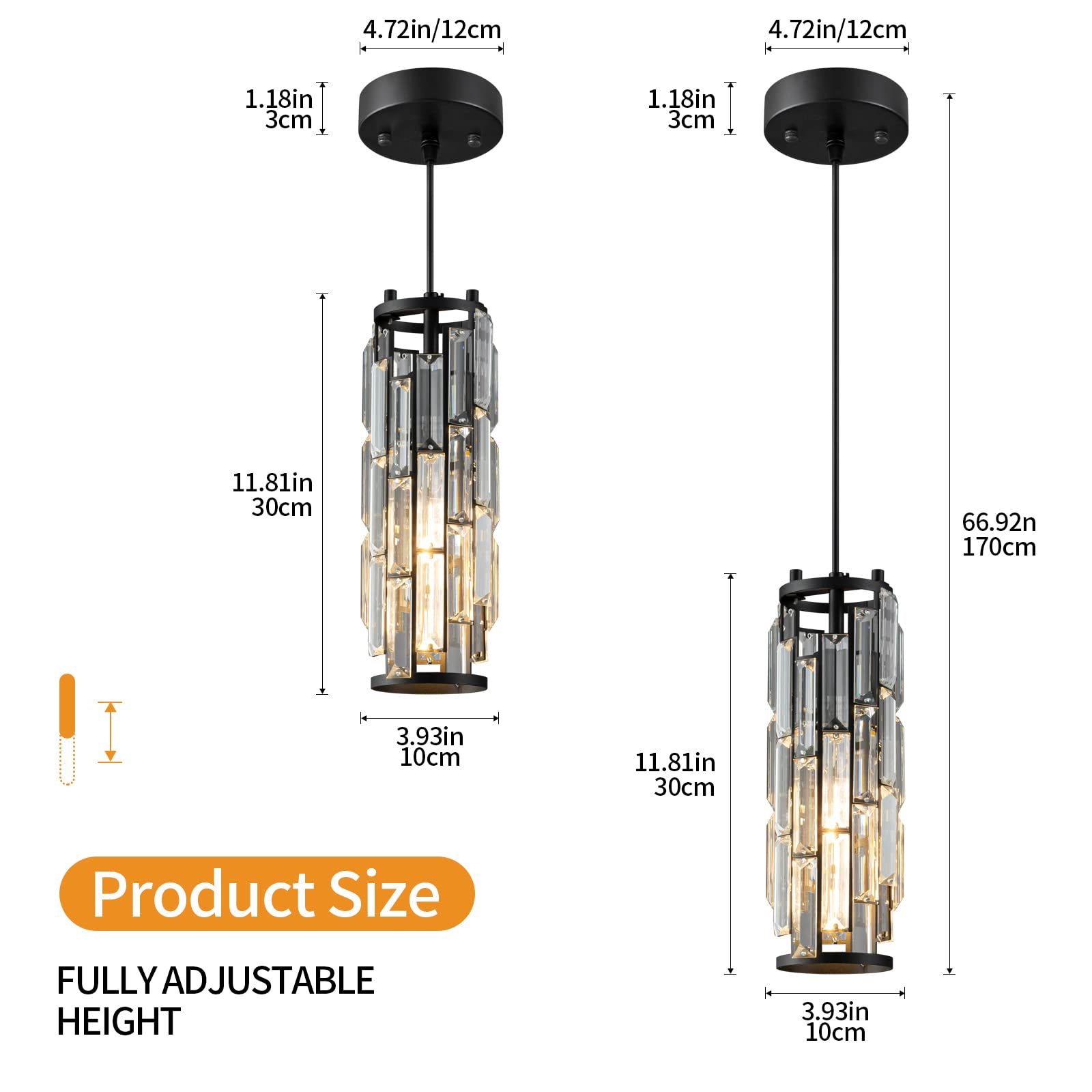 LMQNINE Modern Black Crystal Pendant Light Fixture - Mini Hanging Light for Kitchen Island, Dining Room, Bedroom & Living Room - Elegant & Stylish Ceiling Lighting (1-Pack, Black)