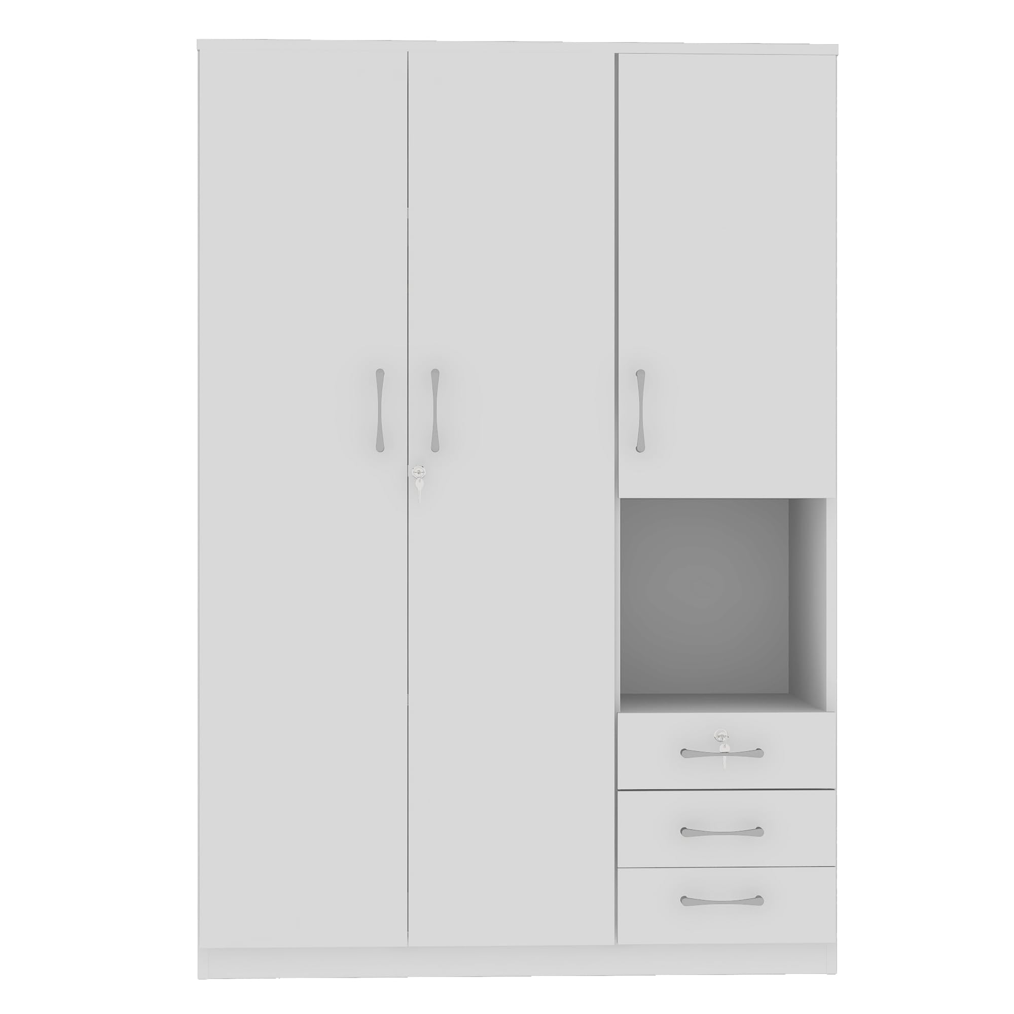 3-Door Wooden Wardrobe Armoire with Shelves, Drawers & Hanging Rod - Modern Bedroom Closet Organizer Storage Cabinet in White - Perfect for Master Bedroom, Guest Room or Dorm Organization