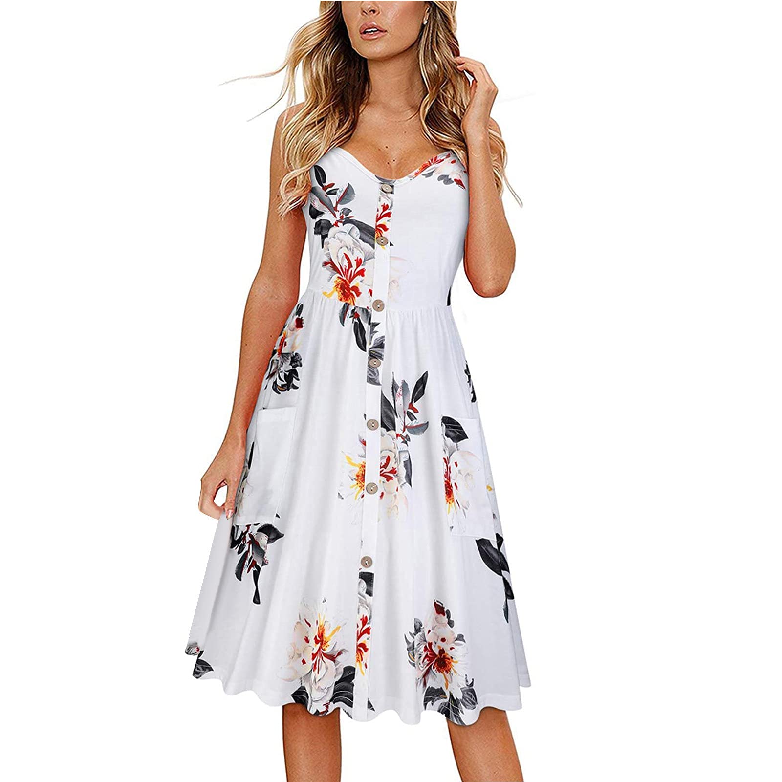 Women's Floral Sunflower Summer Dress - Casual Spaghetti Strap Button Down Swing Midi Dress with Pockets | Perfect for Beach, Vacation & Outdoor Activities