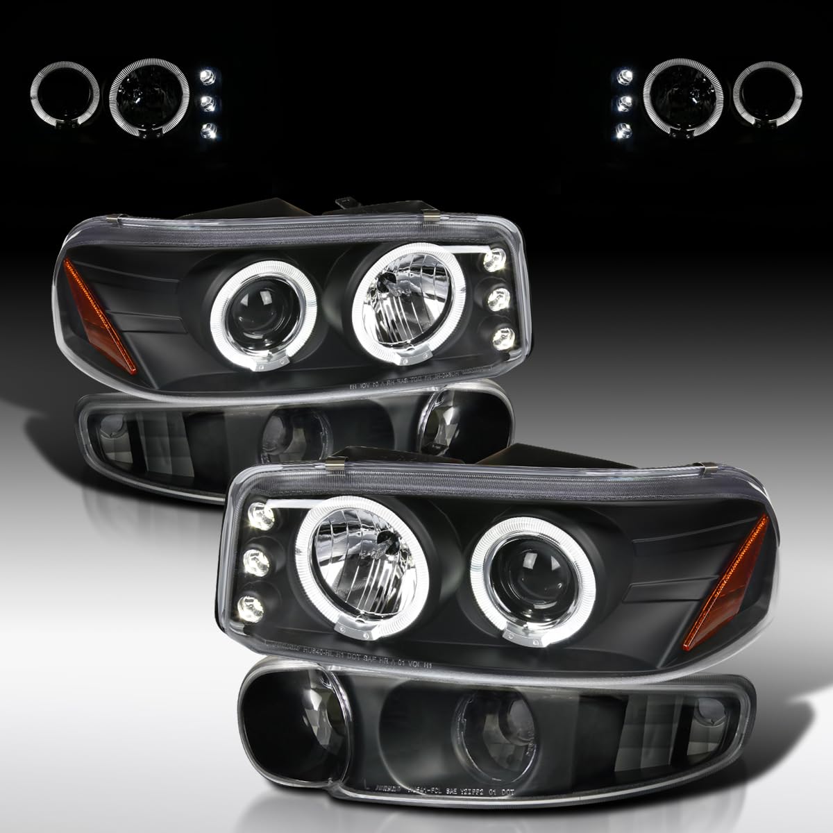 AUTOZENSATION Black Housing Clear Lens LED Halo Projector Headlights + Bumper Lights - Compatible with 2001-2006 GMC Yukon Denali Models (Left + Right Pair) - Upgrade Your Ride for Enhanced Night Visibility & Style