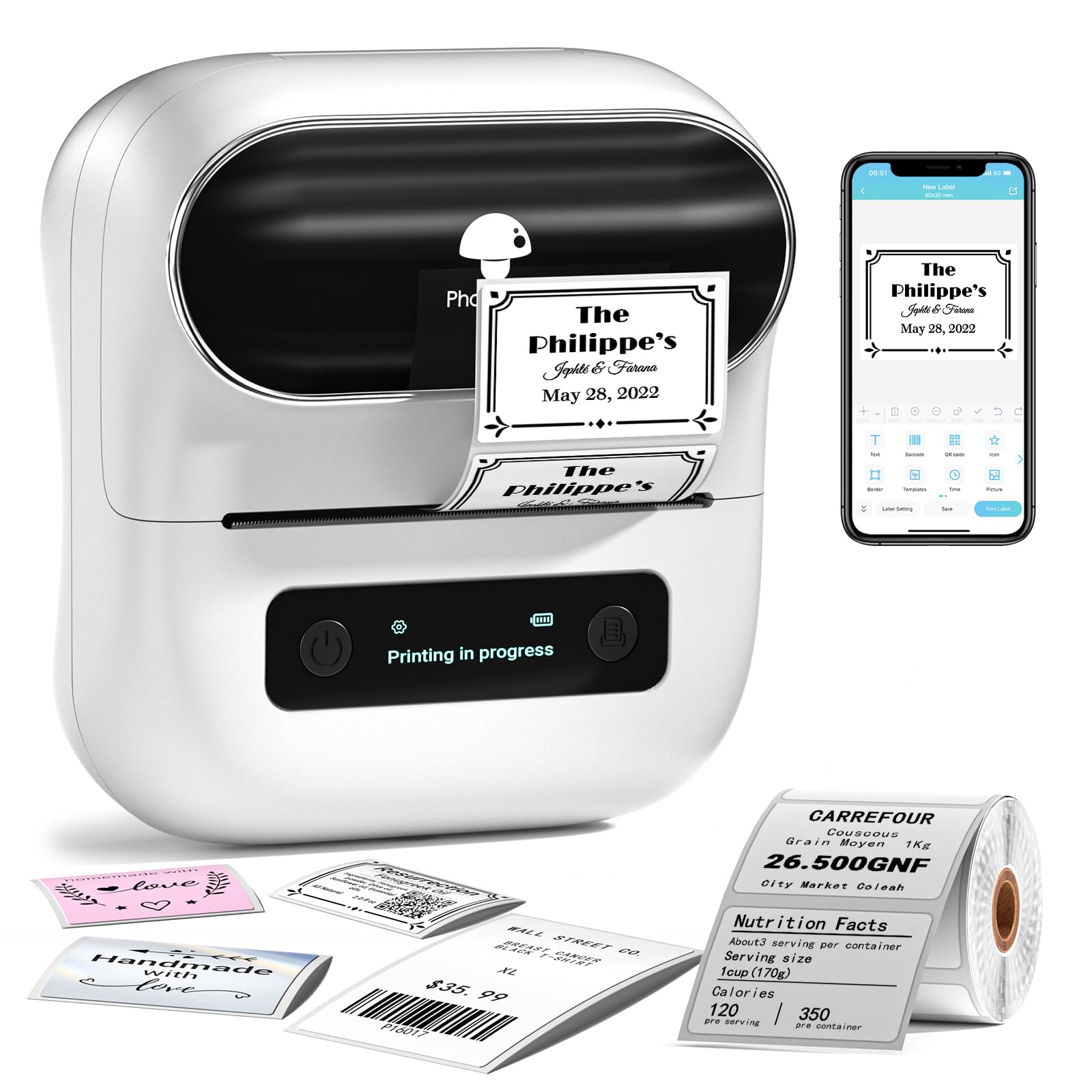 Phomemo M220 Bluetooth Thermal Label Maker & Barcode Printer - Portable Wireless Label Printer with 100+ Templates, Fonts & Icons for Home, Kitchen, Office, School Organization | Perfect for Shipping Labels, Pantry Organization & File Sorting