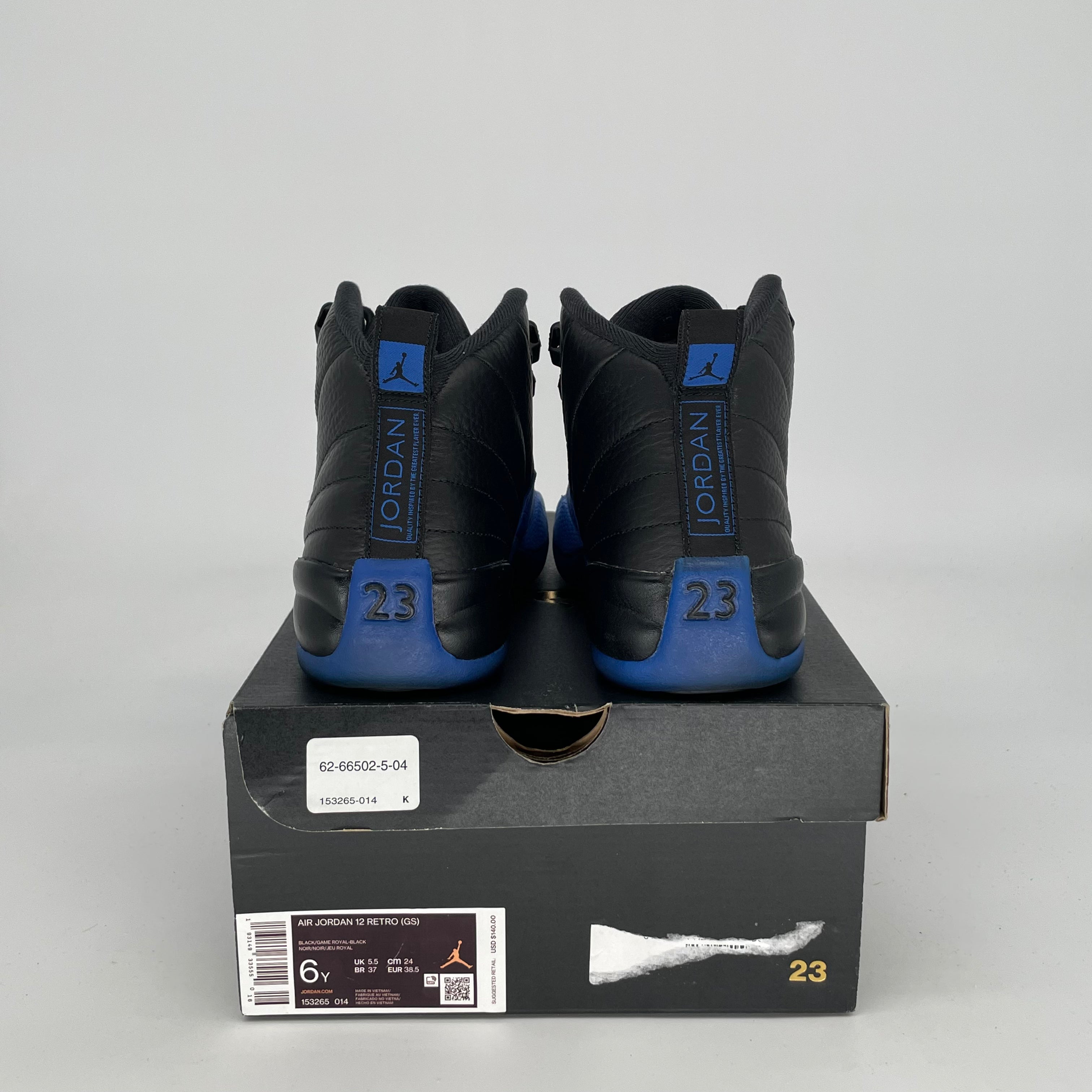 Original Title: AIR JORDAN 12 BLACK GAME ROYAL SIZE 6/7.5W 153265 014   Optimized Title: **Air Jordan 12 Retro 'Black Game Royal' Basketball Shoes - Women's Size 6/7.5W (Style 153265-014) - Perfect for Casual Wear & Street Fashion**