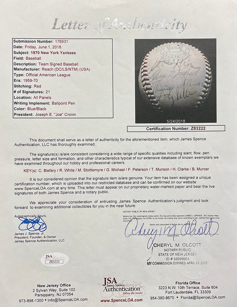 1970 New York Yankees Autographed Baseball - Thurman Munson & 20 Players - JSA Certified - Perfect for MLB Collectors & Yankees Fans - Display in Home Office or Sports Memorabilia Collection