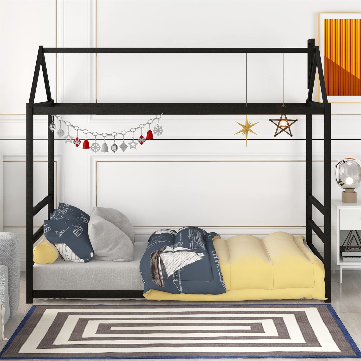 Twin Size Metal Platform Bed Frame with Headboard & Footboard - House Design with Roof & Chimney - Black Kids & Teens Bed - Perfect for Bedroom Decor, Playroom, or Themed Children's Rooms