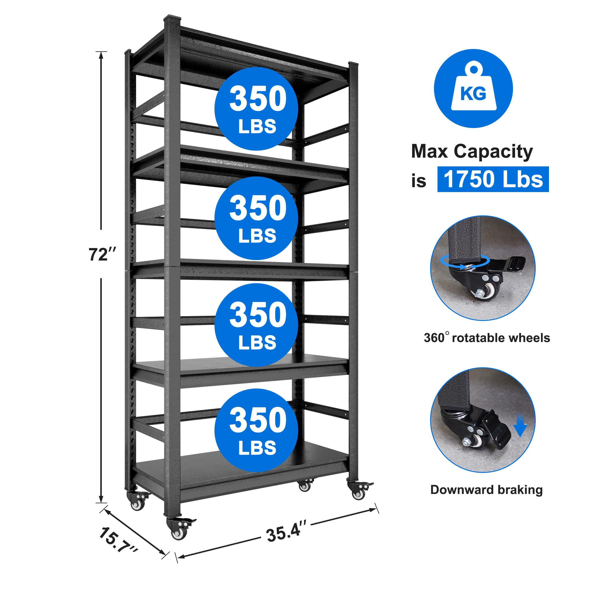 Heavy Duty 5-Tier Metal Storage Shelves - Adjustable Garage & Kitchen Shelving Unit with Wheels, 1750LBS Capacity (72