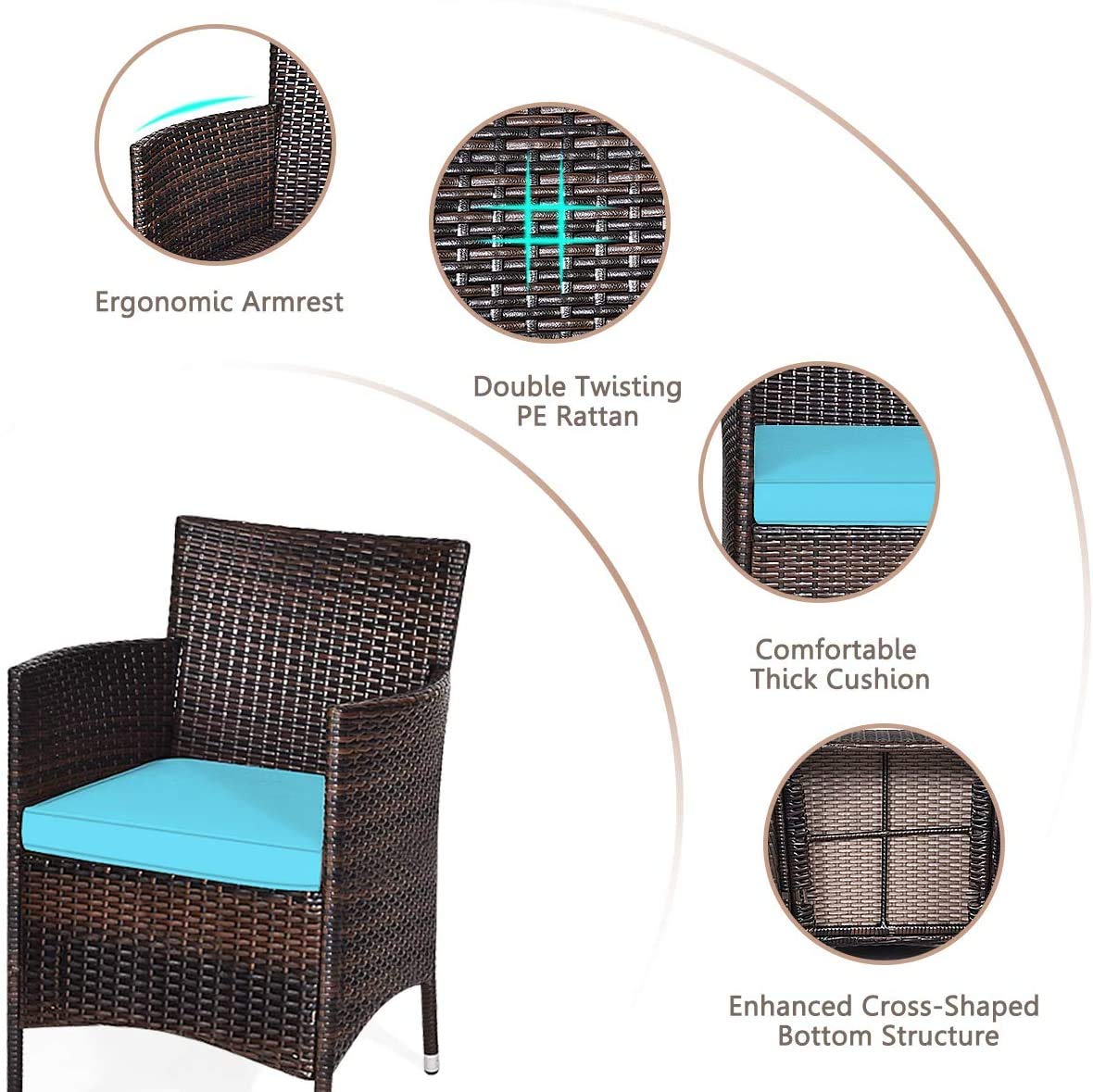 HAPPYGRILL 3-Piece Outdoor Patio Furniture Set - Rattan Wicker Conversation Set with Coffee Table, Chairs & Cushions for Garden, Lawn, Backyard, Poolside | Perfect for Relaxing, Entertaining & Outdoor Dining