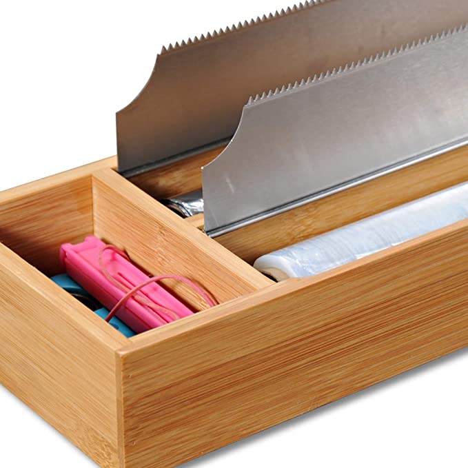 4-Compartment Bamboo Drawer Foil Dispenser - Organize Kitchen Wrap, Parchment Paper & Plastic Bags - Perfect for Pantry, Cabinet & Countertop Storage