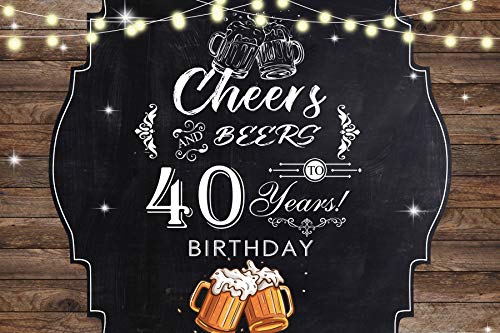 Baocicco 6x4ft Polyester Photography Backdrop - Cheers to 40 Years Birthday Party Decor with Beer Mugs & Shiny Bulbs on Wood Plank Design - Perfect for 40th Birthday Celebrations, Photo Booths & Social Media Backgrounds