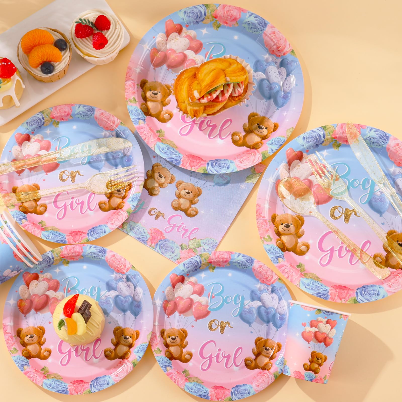 Baby Bear Gender Reveal Party Supplies Set - 24-168PCS Plates, Cups & Napkins for Gender Announcement Celebrations | Perfect for Baby Showers, Nursery Decor & Social Media Reveals