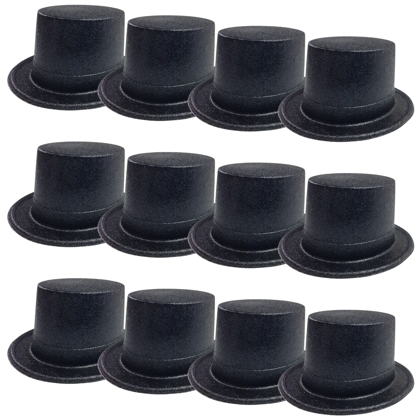 12-Pack Glitter Top Hats for Adults - Shiny Black Plastic Party Hats for Costumes, Dress Up, Bachelorette, Halloween & New Year Celebrations