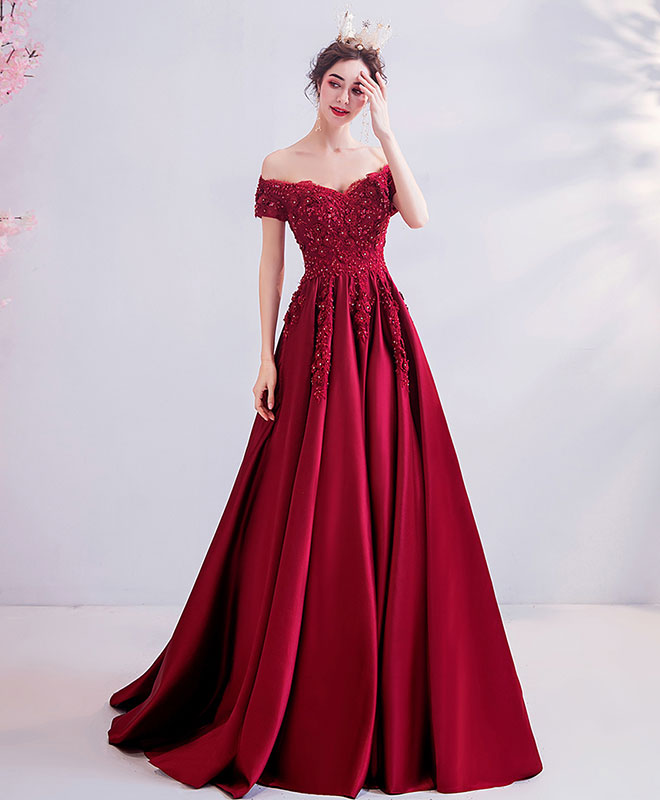 Elegant Burgundy Off-Shoulder Lace Satin Long Prom Dress for Women - Perfect for Evening Gowns, Homecoming, Formal Parties & Special Occasions