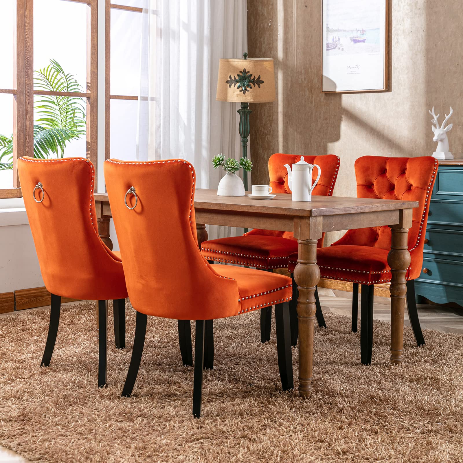 Luxury Orange Velvet Dining Chairs Set of 6 - Tufted Upholstered Kitchen & Dining Room Chairs with Solid Wood Frame - Elegant Home Decor for Dining Room, Kitchen, or Breakfast Nook (Orange, 6 Pieces)