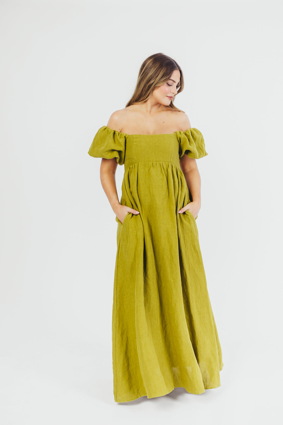 Candace Maxi Dress in Olive - 100% Linen Bump Friendly Maternity Dress for Women - Perfect for Summer, Beach, and Casual Outings