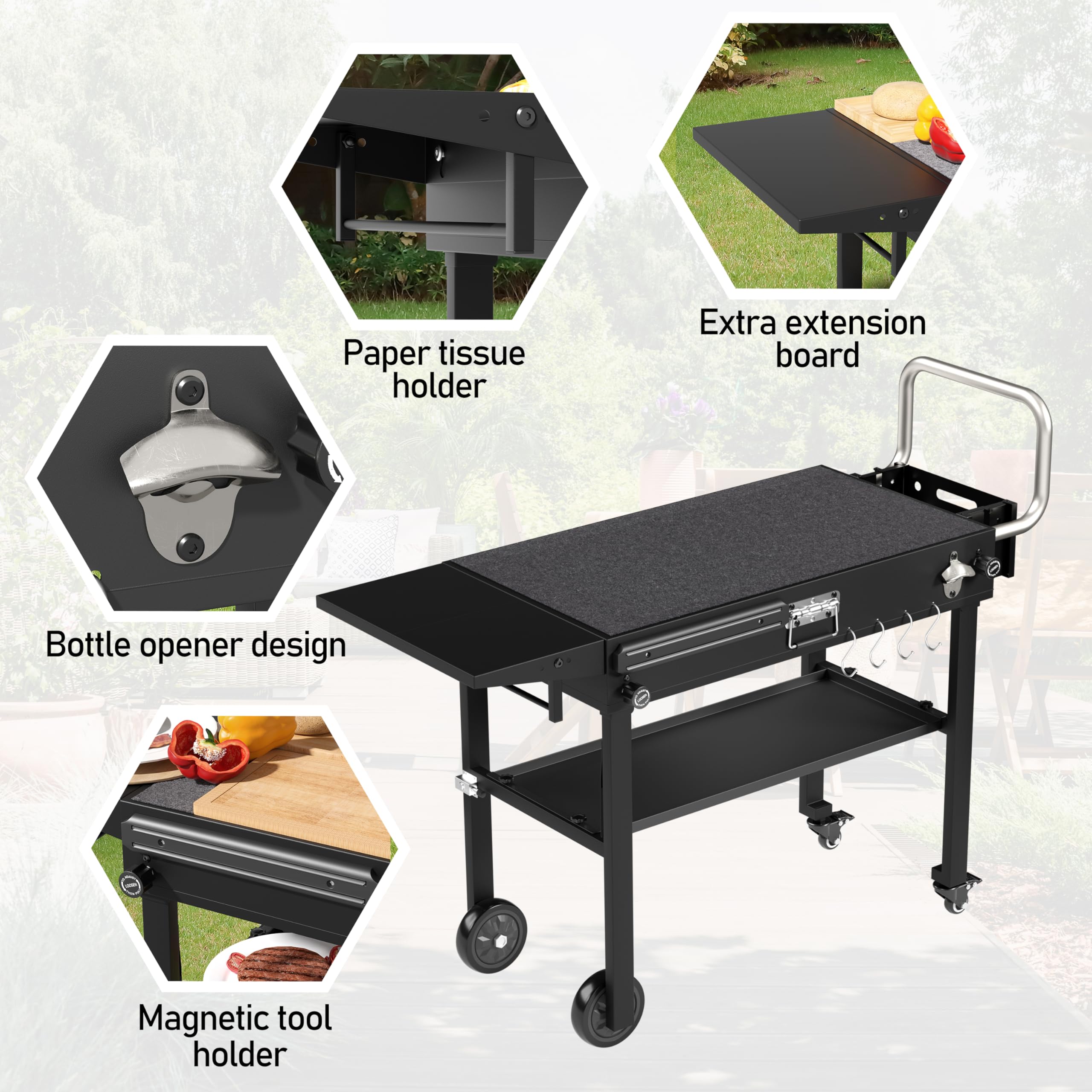 Portable Outdoor Grill Table with Wheels - Folding Grill Cart for Blackstone Griddle & Ninja Grill - Large Cooking Space with Paper Towel Holder - Perfect for Backyard BBQs, Camping & Tailgating Parties