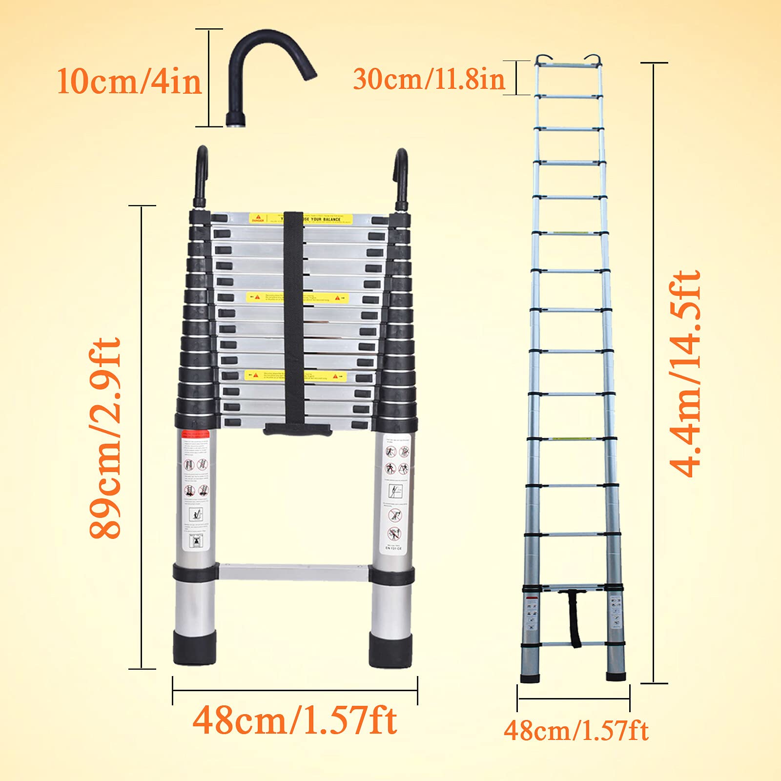 14.5FT Aluminum Collapsible Telescoping Ladder - Lightweight Extension Ladder with 330LB Capacity for Roofing, Home & Business Use | Adjustable Height, Easy Storage & EN131 Safety Certified | Perfect for Roof Repairs, Warehouse Access & Indoor Maintenance