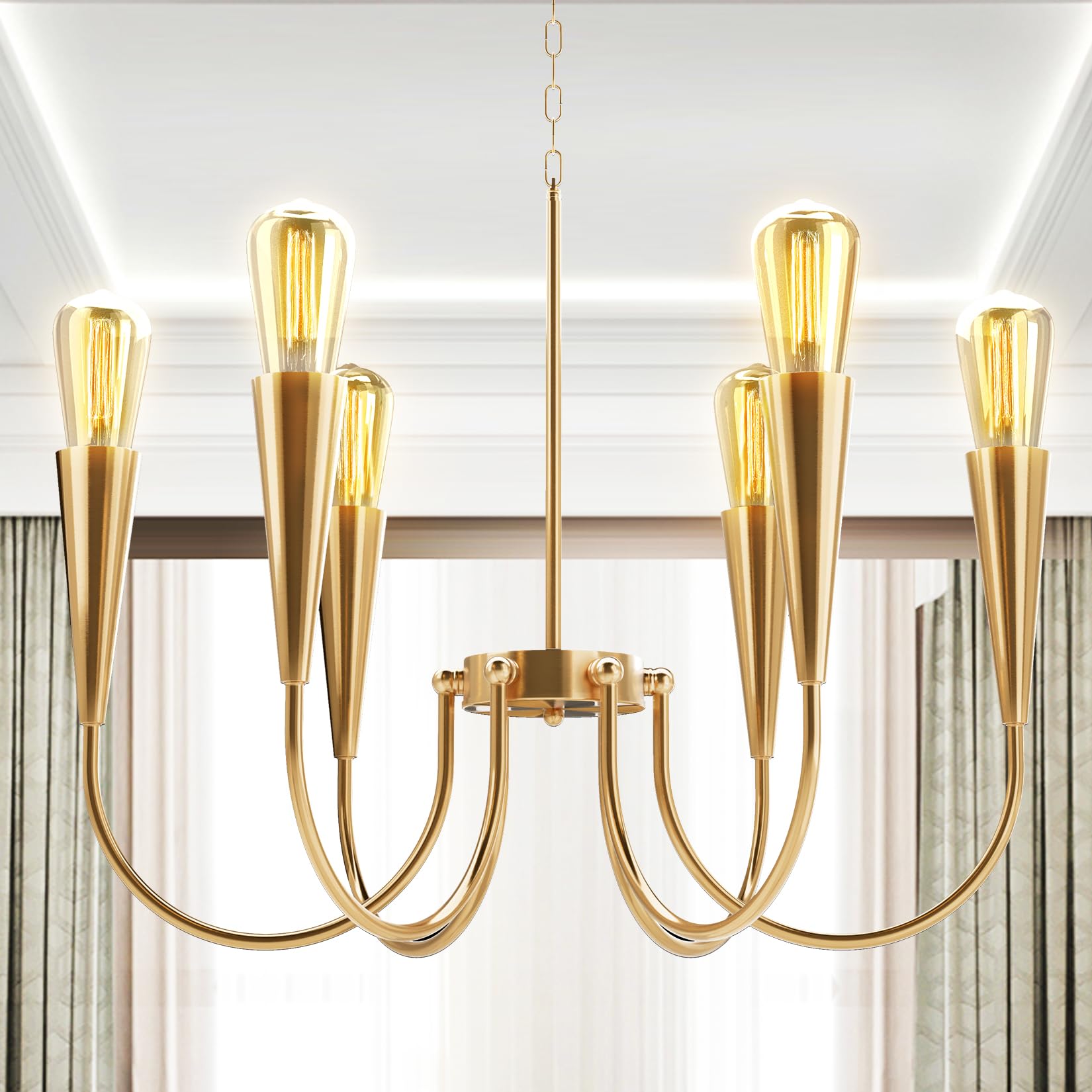 Modern Gold Chandelier - 6-Light Farmhouse Ceiling Fixture for Dining Room, Kitchen, Living Room, Bedroom & Entryway | Elegant Candle-Style Pendant Lighting for Home Decor & Interior Design