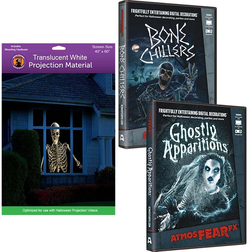 AtmosFear FX Ghostly Apparitions & Bone Chillers DVD with Reaper Brothers HD Rear Projection Screen - Halloween Window Projection Kit for Spooky Home Decor & Virtual Haunted House Effects