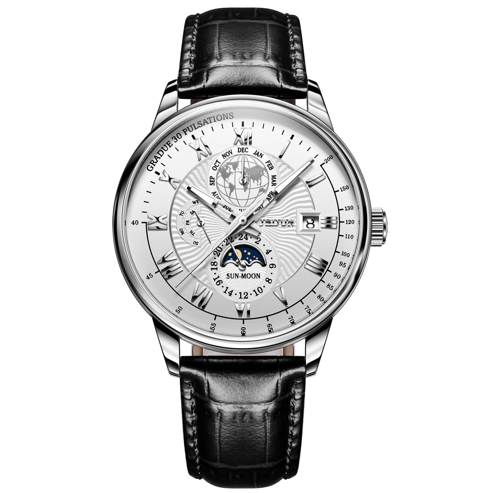 Premium Men's Automatic Mechanical Watch with Genuine Leather Strap - Self-Winding Moon Phase Chronograph, 50M Waterproof with Date & Luminous Hands - Ideal for Business, Formal Events & Everyday Wear