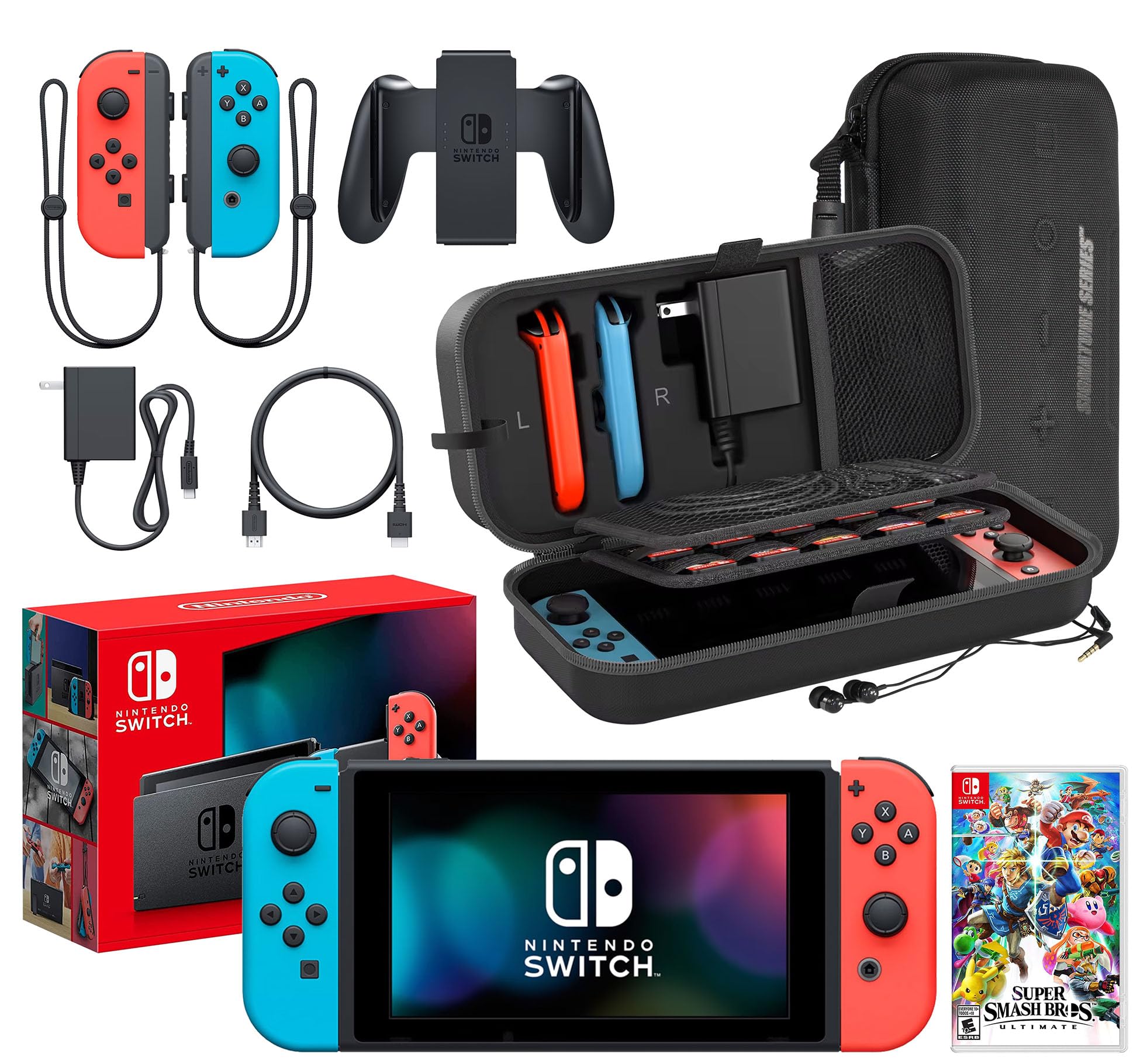 Nintendo Switch Neon Blue/Red Console with Super Smash Bros Ultimate Game Bundle - Includes Extra Joy-Con Controllers (Red/Blue), Dock, Joy-Con Grips & Straps - Signature Series Portable Carrying Case & Earphones - Perfect for Gaming on the Go, Travel & Multiplayer Fun