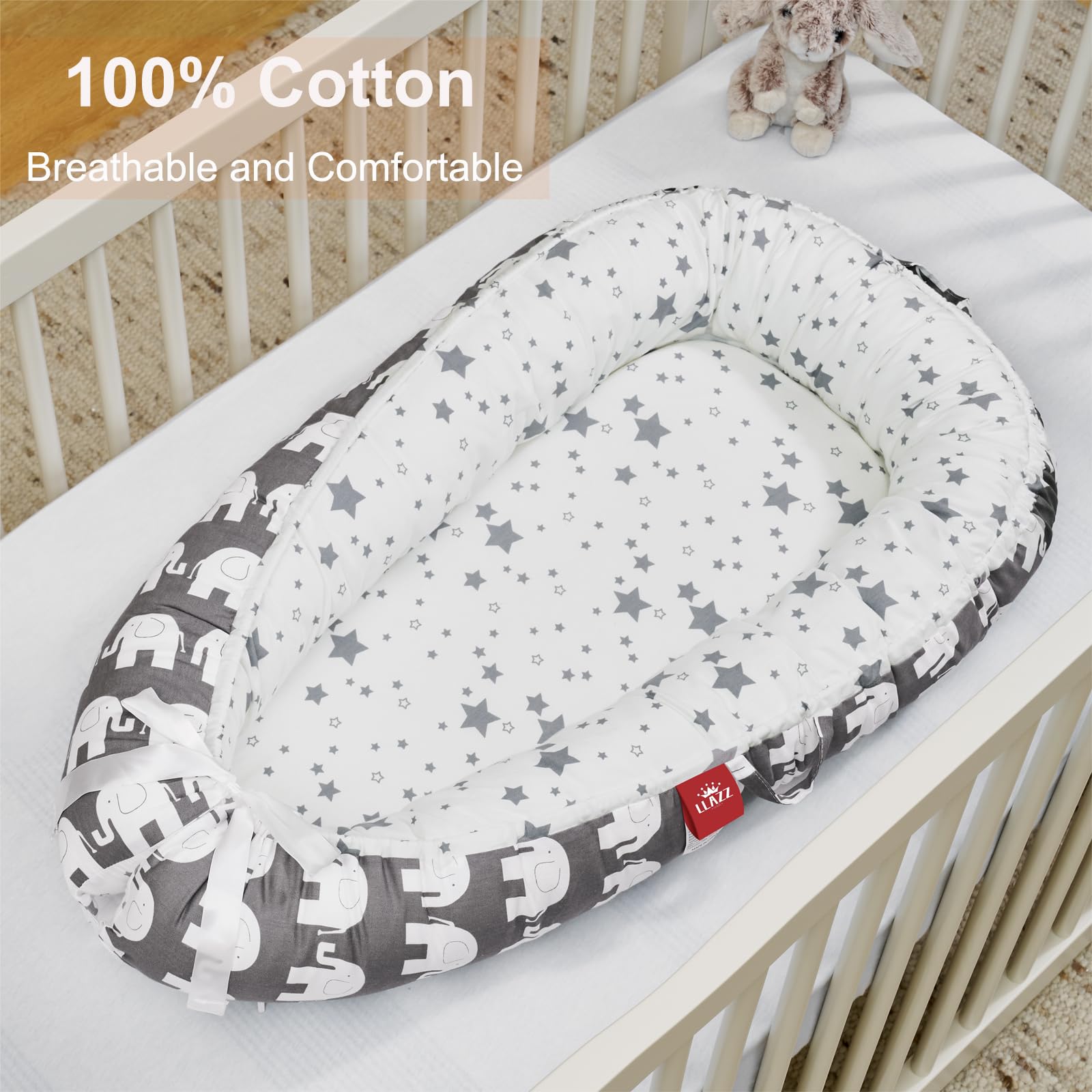 Soft Breathable Baby Lounger & Newborn Nest Bed - Portable Co-Sleeper Bassinet for Boys & Girls | Gray Elephant Design | Perfect for Nursery, Travel & On-the-Go Parenting