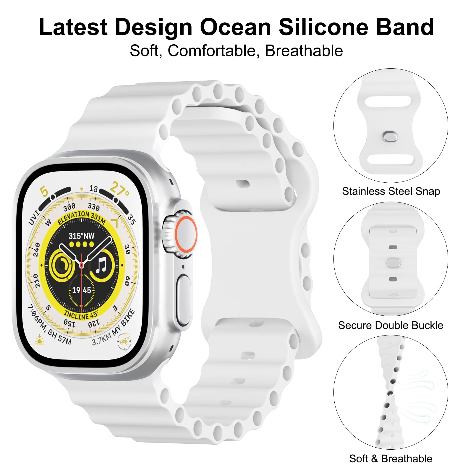 Breathable Silicone Sport Band for Apple Watch Series 9/8/7/SE/6/5/4/3/2/1 & Ultra - Compatible with 38mm/40mm/41mm/42mm/44mm/45mm/49mm - Adjustable Wristband for Women & Men - Perfect for Running, Swimming & Everyday Wear