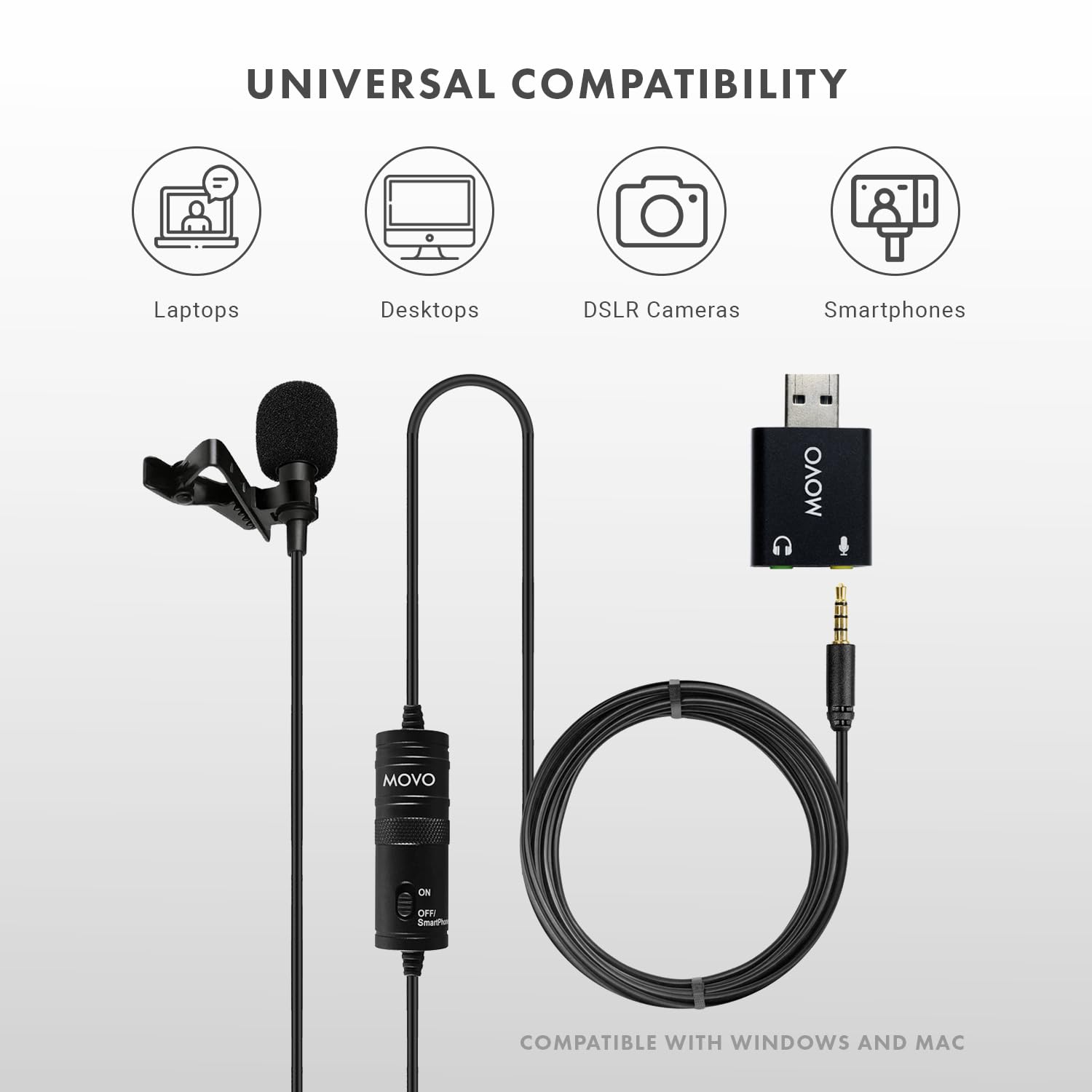 Movo LV1-USB Lavalier Microphone - Clip-On Lapel Mic for iPhone, Android, PC, Mac, Laptop, Camera - 3.5mm & USB Plug - Perfect for Podcasting, YouTube Videos, Live Streaming & Online Meetings