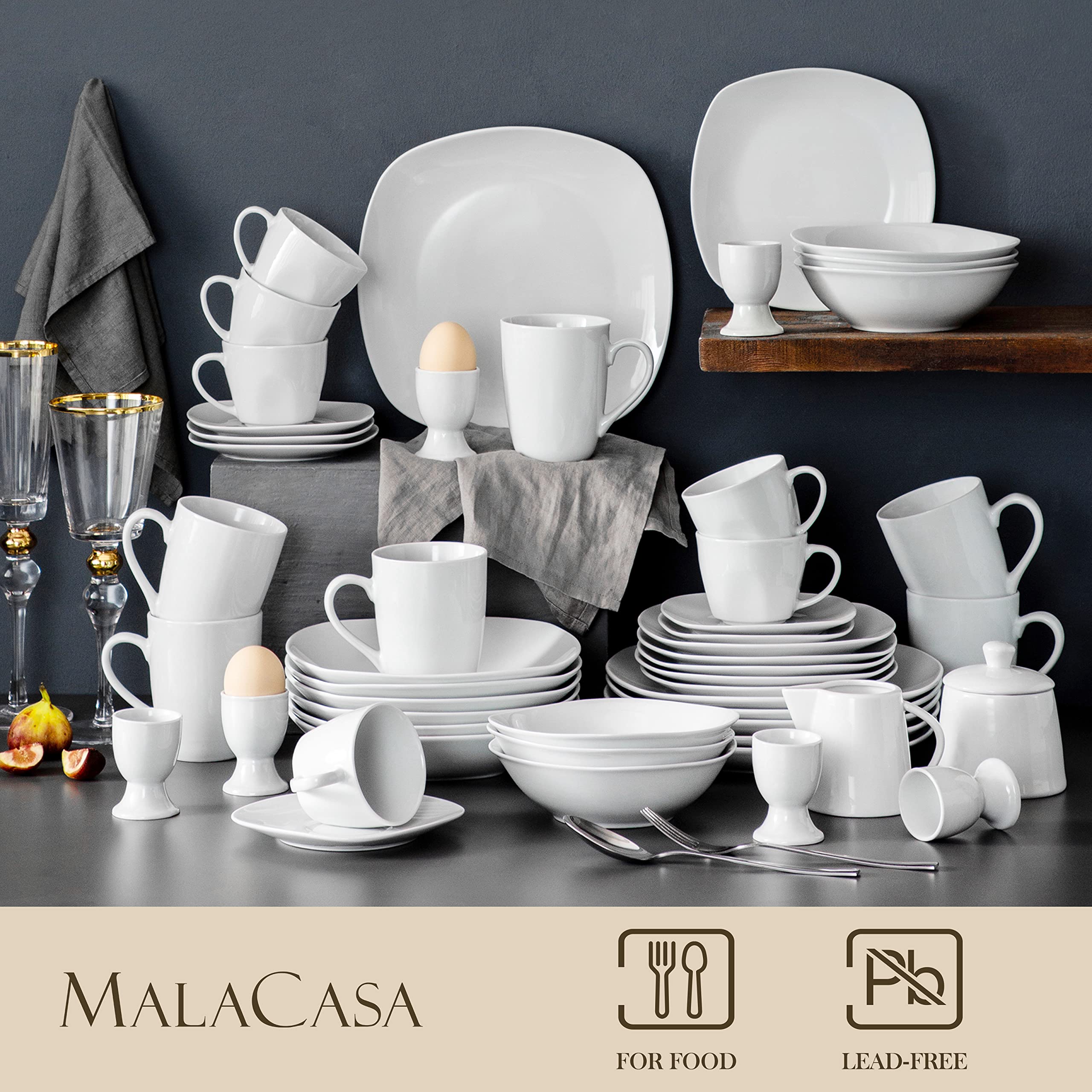 MALACASA 100-Piece Grey White Dinnerware Set for 12 - Square Plates, Bowls, Cups & Saucers with Egg Cups, Sugar Pot & Milk Jar - Elegant Elisa Series for Formal Dining, Wedding Registry & Holiday Entertaining