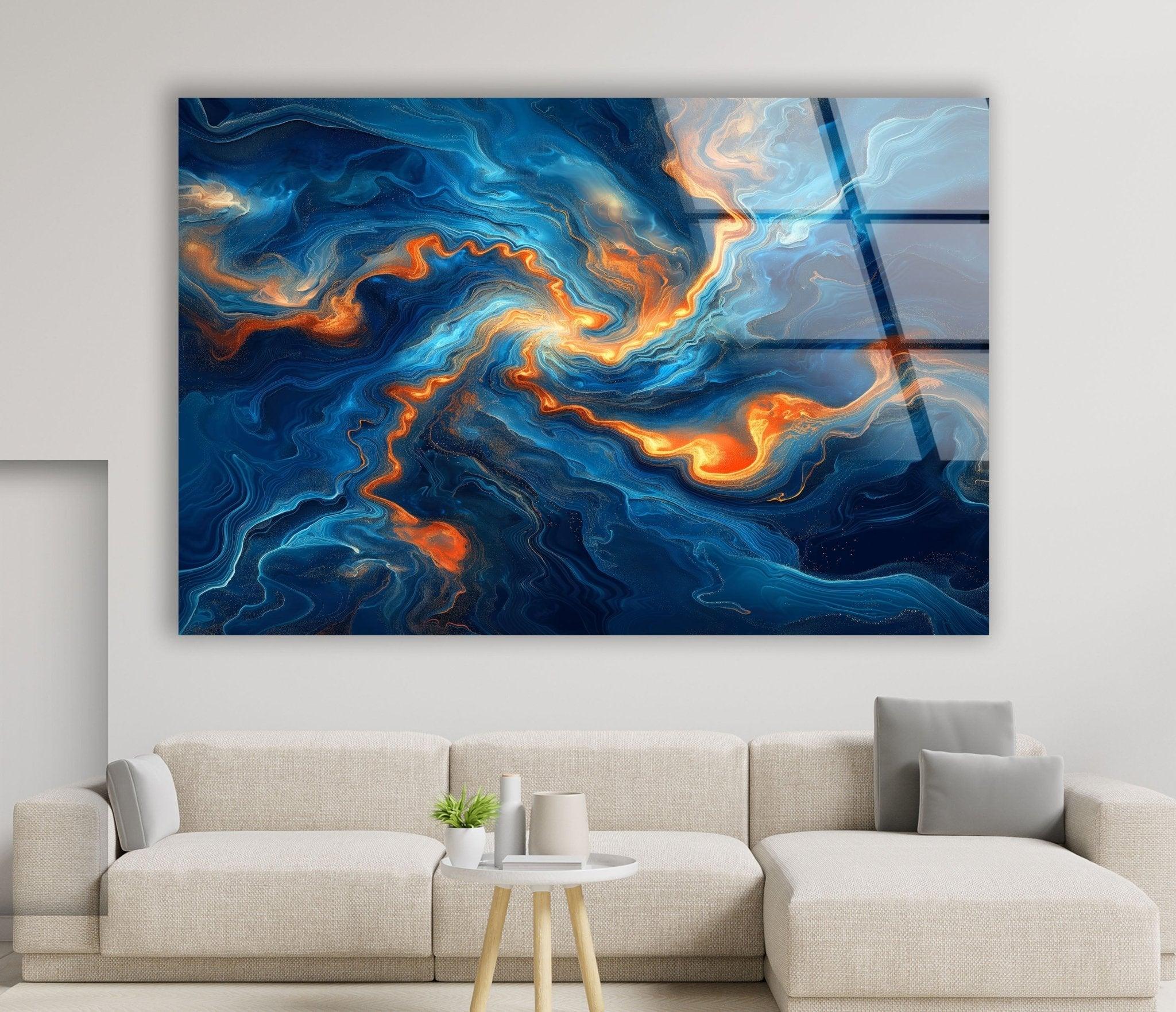 Abstract Swirling Blue and Orange Glass Wall Art - Handmade Modern Home Decor for Living Room, Bedroom & Office - Unique Contemporary Wall Sculpture