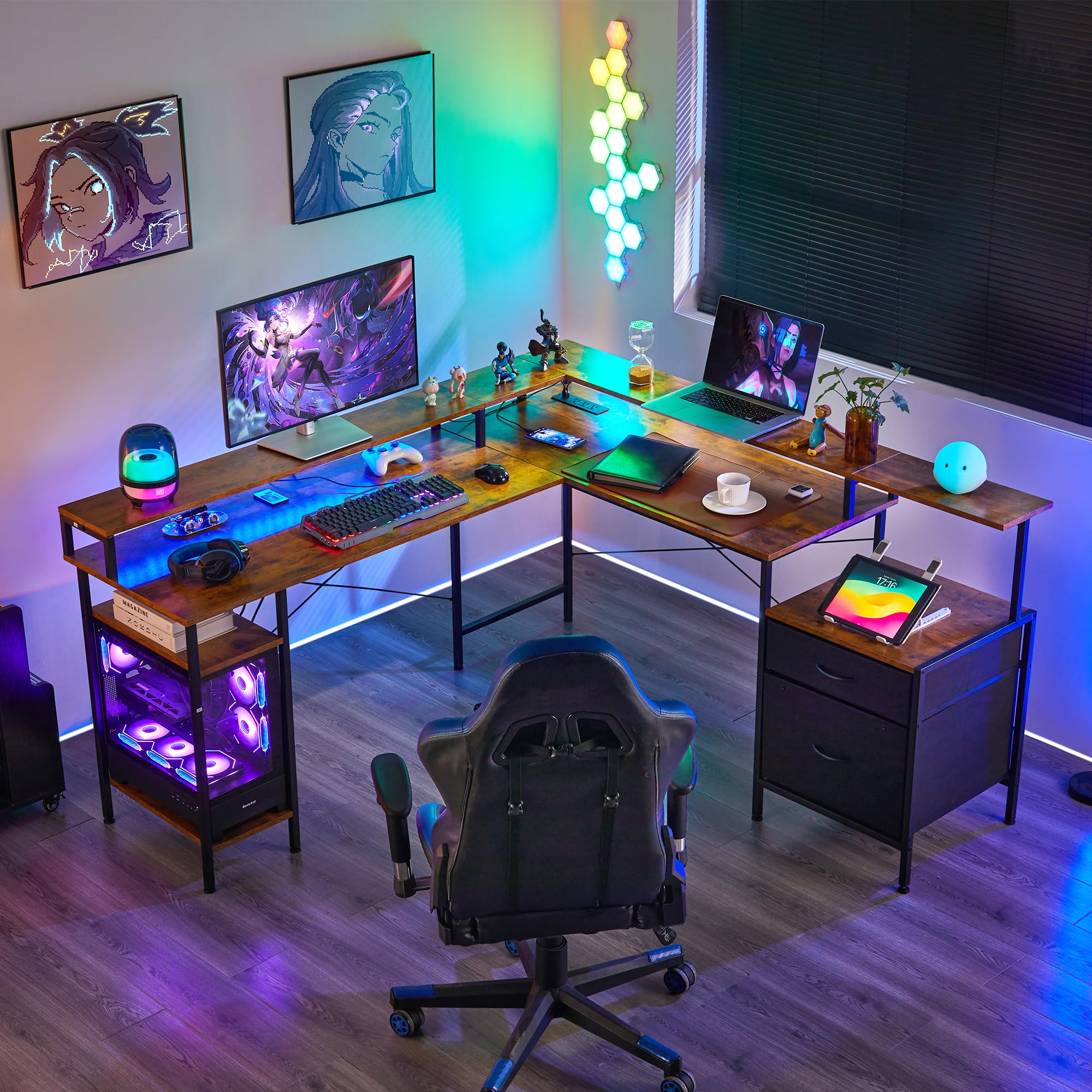 L Shaped Desk 66 Inch - Corner Computer Desk with File Drawer, LED Gaming Table, Workstation with Monitor Shelf & Printer Storage, Two Person Office Desk in Rustic Brown - Perfect for Home Office, Gaming Setup & Small Workspaces