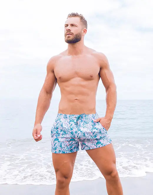2Eros Men's Coral Print Swim Shorts - Quick-Dry Beach Swim Trunks with Comfortable Elastic Waistband - Perfect for Swimming, Surfing, and Summer Vacations