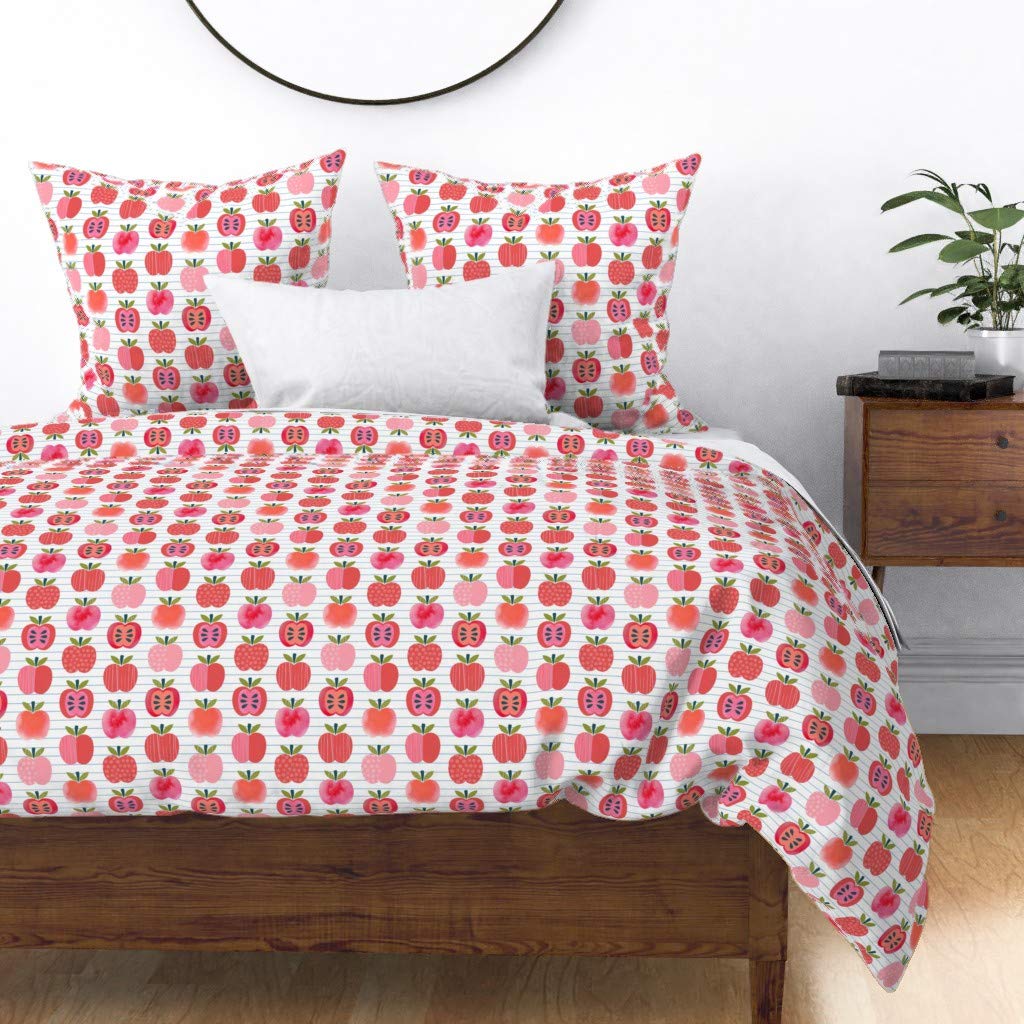 Premium Cotton Sateen Duvet Cover King/California King Size - Pink Lady Apple Notebook Stripe Watercolor Print Bedding Set | Perfect for Autumn Decor, Teacher Gifts & Cozy Kitchen-Themed Bedrooms