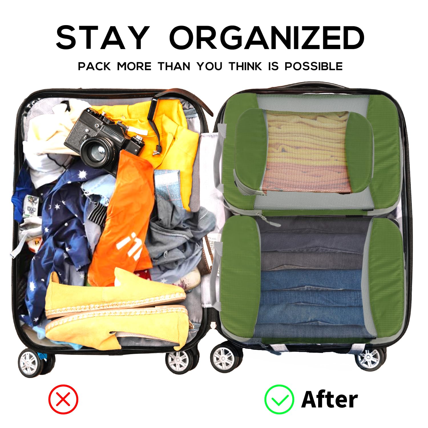 6-Pack Compression Packing Cubes for Travel - Luggage Organizer Bags Set with Carry-On Suitcase Compatibility | Space-Saving Travel Accessories for Business Trips & Vacations