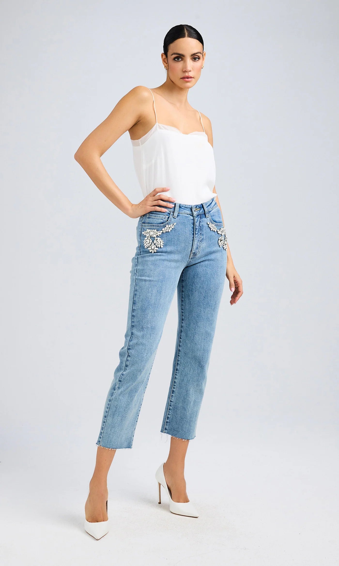 Carolyn Crystal Denim Jeans in Bahama Blue - Stylish Women's Distressed Skinny Jeans for Casual Wear & Night Out