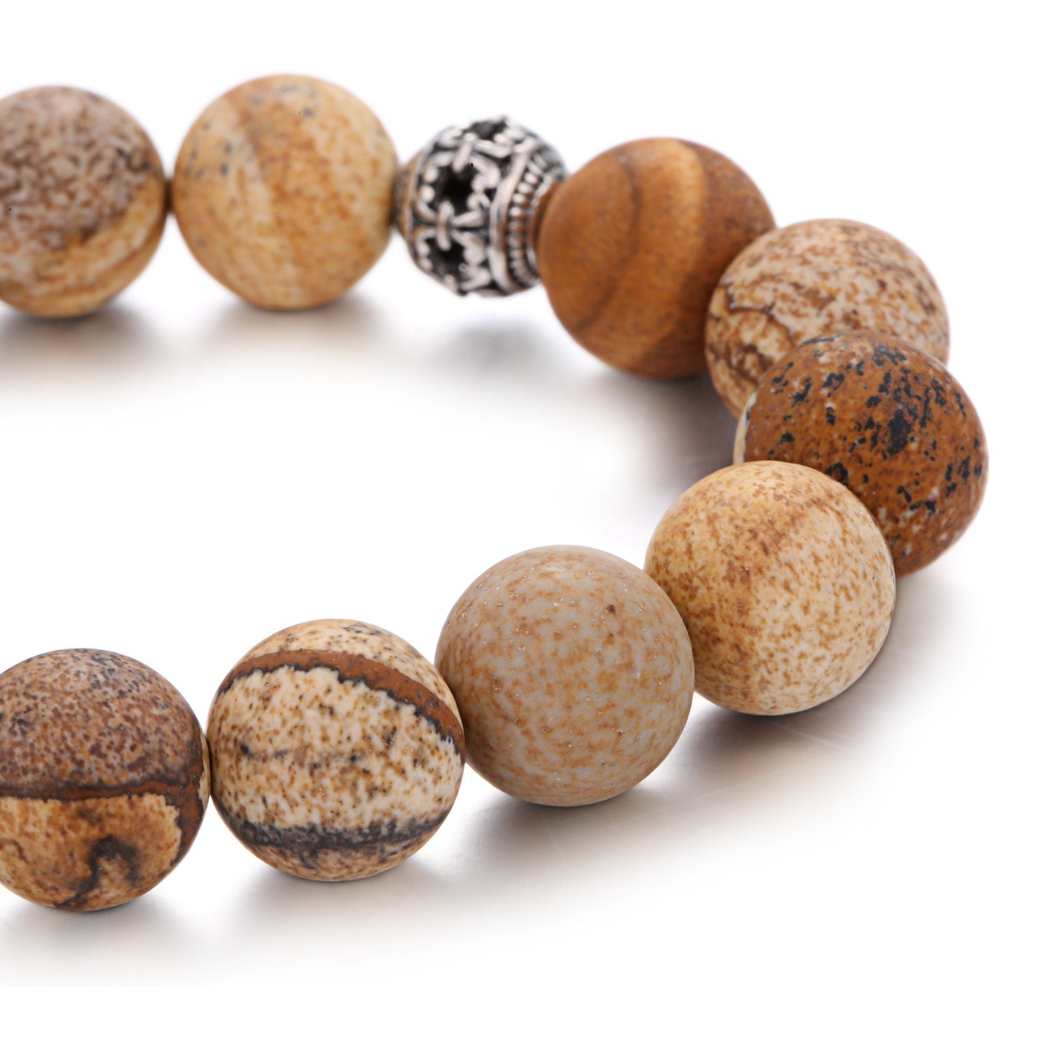 Picture Jasper Bracelet with Silver Skull Charm - 10mm Matte Round Beads, 7.5 Inch Adjustable Length - Boho Style Healing Crystal Jewelry for Meditation, Yoga & Spiritual Gifts