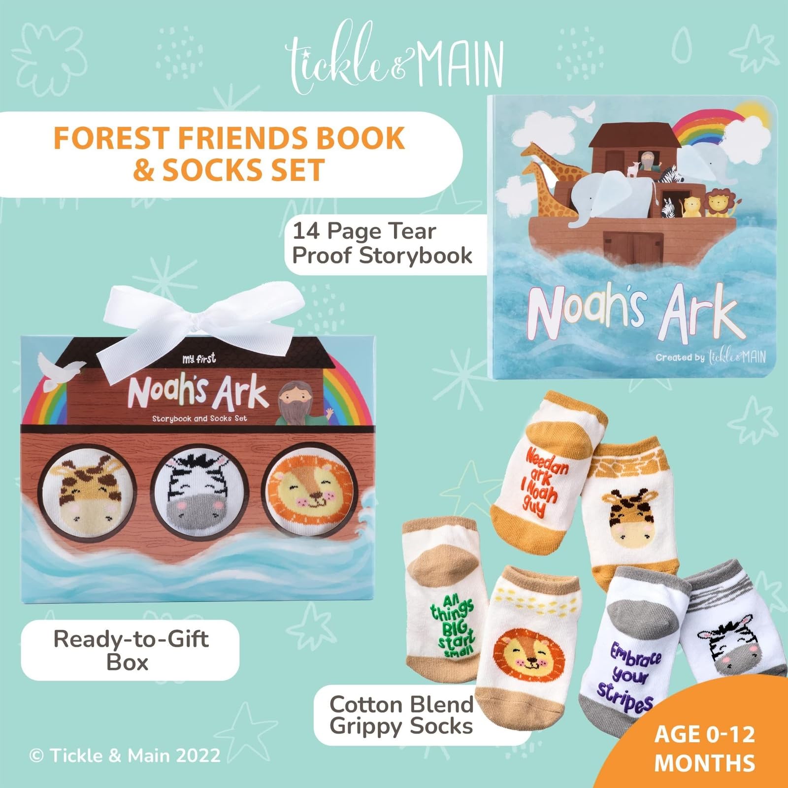 **Noah's Ark Baby Book & Animal Socks Set - 4-Piece Gift for Newborns 0-12 Months | Soft Storybook & 3 Pairs of Cute Socks | Perfect for Baptism, Baby Showers & Nursery Playtime**