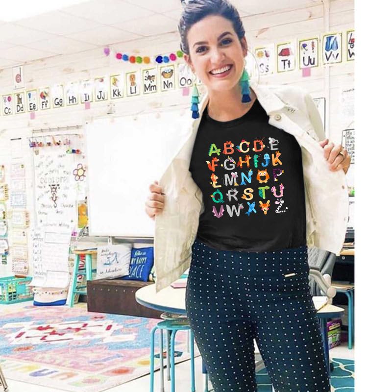 Funny ABC Animals Alphabet Graphic Tee for Women Teachers - Cute Kindergarten Teacher Shirt - Perfect Gift for Educators & Back to School Outfits - Classroom Teaching Apparel & Casual Wear