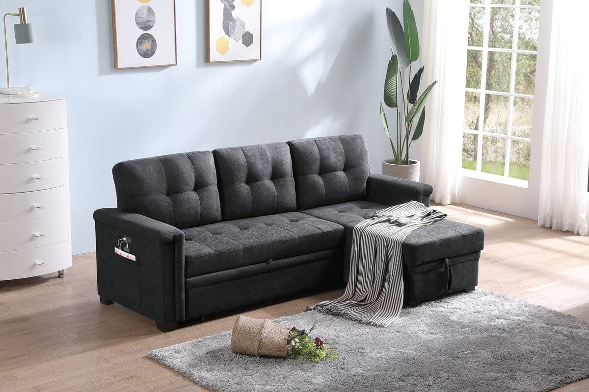 Ashlyn Dark Gray Woven Fabric Sleeper Sectional Sofa with Chaise Lounge, USB Charging Port & Tablet Pocket - Modern Convertible Couch Bed for Living Room, Guest Room & Small Spaces