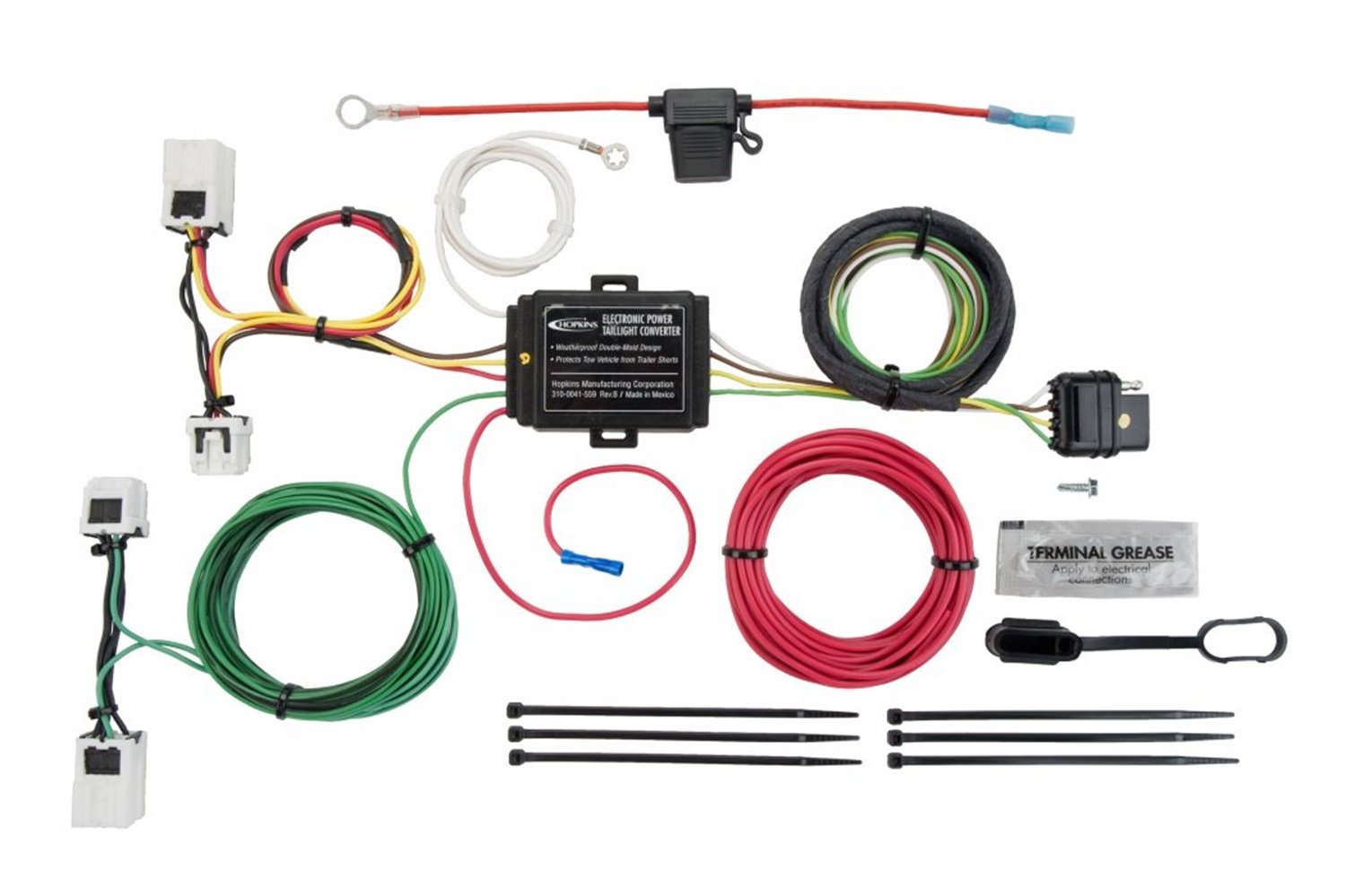 Hopkins 43584 Plug-In Simple Towed Vehicle Wiring Kit - Includes Power Lead Wire, Fuse Assembly, Cable Ties, Grease Packet & Dust Cover - Easy Installation for RVs, Trailers & Towed Vehicles - Perfect for Road Trips, Camping & Towing Safety