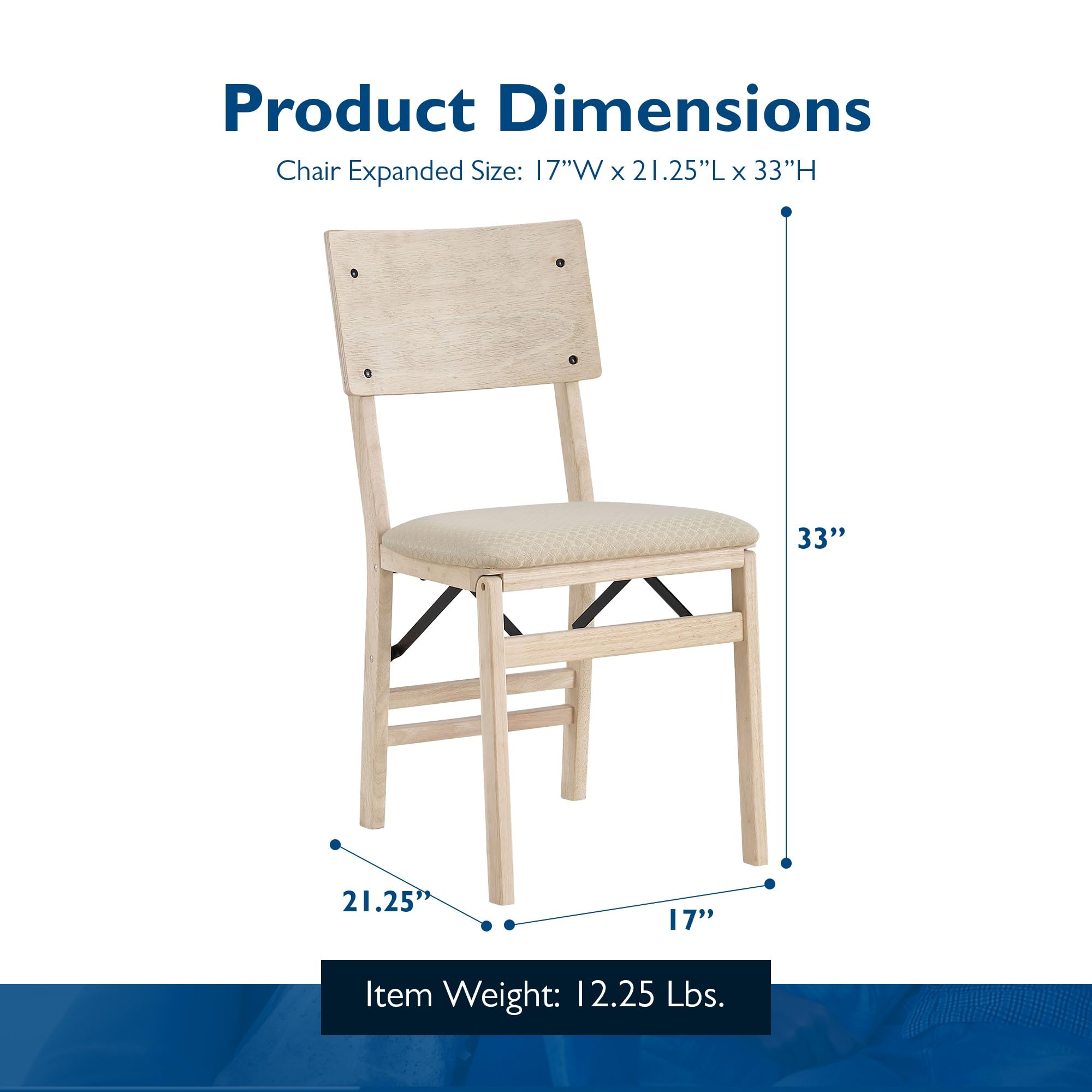 Premium Solid Wood Folding Dining Chair Set of 2 - MECO Stakmore Aztec Curved Back with Fabric Padded Seat - Perfect for Small Spaces, Kitchen, Dining Room & Home Office - Unfinished Wood Finish