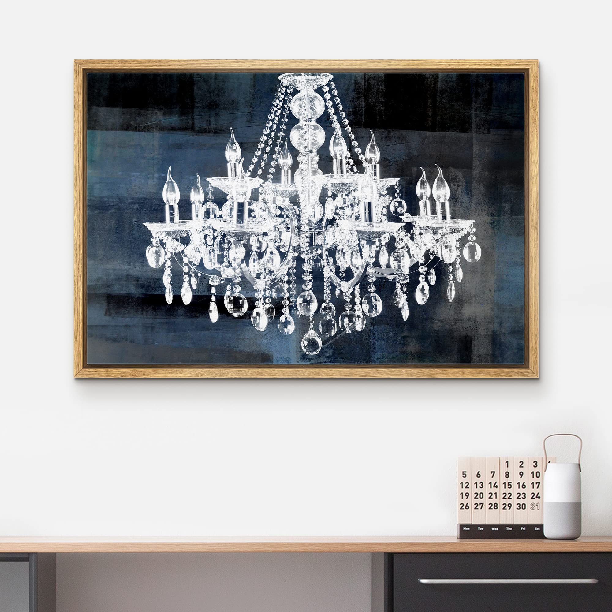 Wall26 Framed Canvas Print - White Chandelier Silhouette on Blue Background Modern Wall Art, Digital Art for Living Room, Bedroom, Office Decor | 24x36 Inches Natural Wood Frame | Perfect for Relaxing Spaces & Chic Home Décor