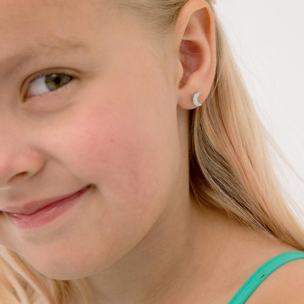 Sterling Silver Opal Crescent Moon Earrings for Kids - Dainty & Hypoallergenic Jewelry for Girls | Perfect for Birthdays, Gifts & Special Occasions