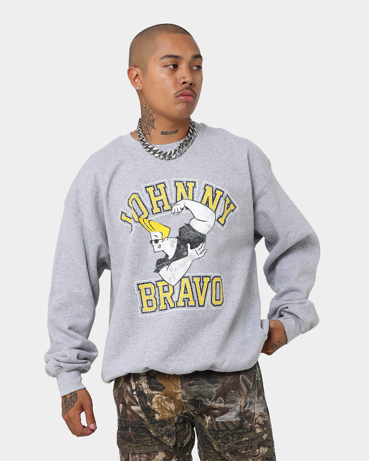 Johnny Bravo Graphic Crewneck Sweatshirt - Grey Vintage Cartoon Hoodie for Men & Women | Casual Streetwear, Retro Fashion, Gift for Fans