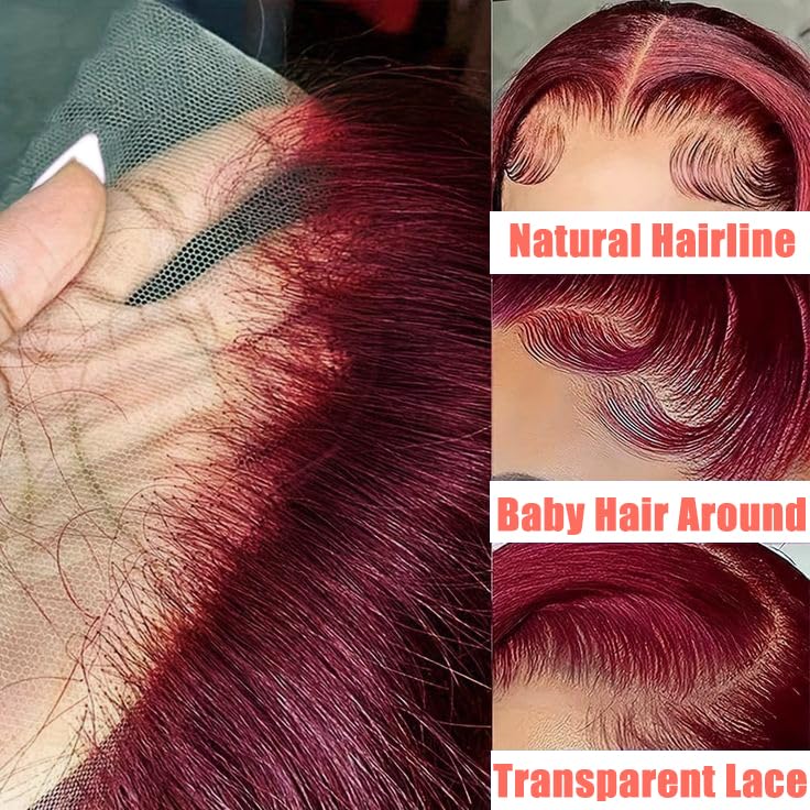 99J Burgundy 28 Inch Body Wave Lace Front Wig for Women - 13x4 Transparent Lace Human Hair Wig with Pre-Plucked Hairline & Baby Hair - 180% Density Red Human Hair Wig for Everyday Wear & Special Occasions