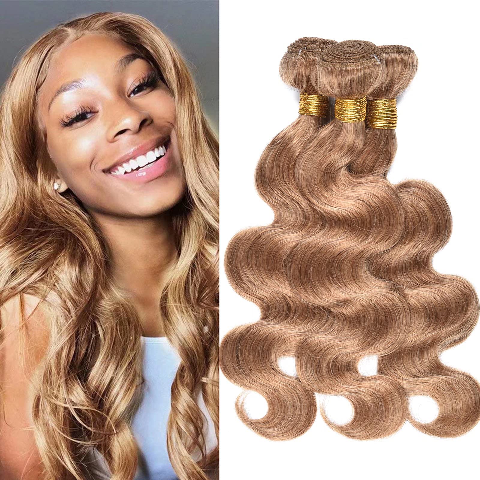 FEEL ME Honey Blonde Brazilian Body Wave Human Hair Weave Bundles (18 20 22 Inches) - 3 Bundles 300g Unprocessed Virgin Hair Extensions Color 27 | Perfect for Salon Styling, Everyday Wear & Special Occasions